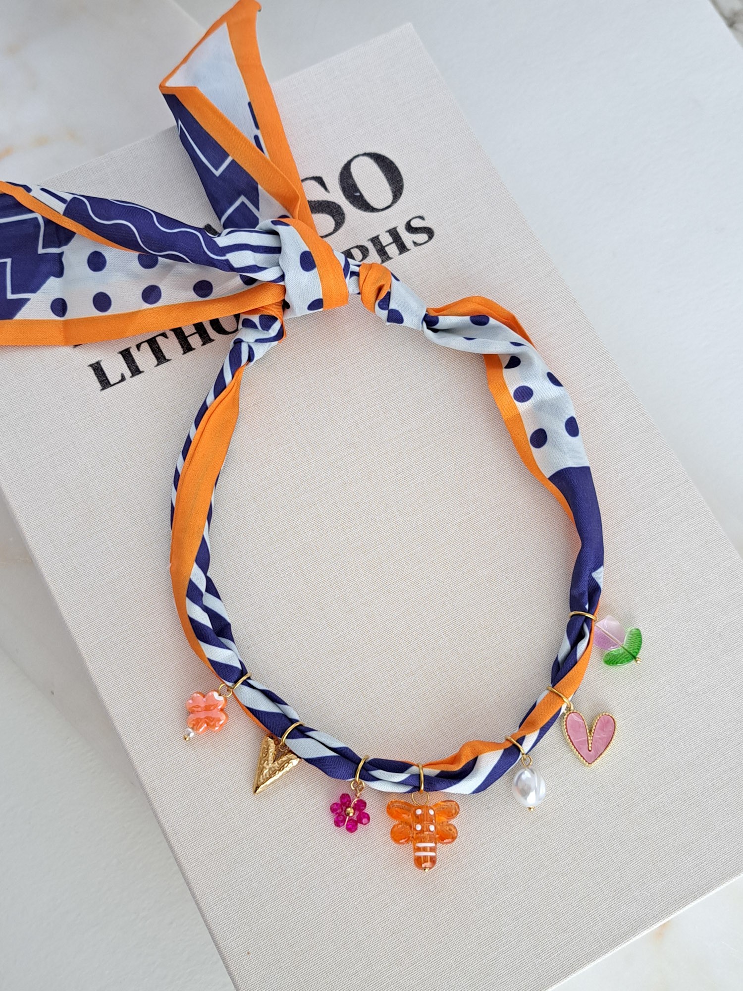 Fabric Necklace with Orange Butterfly Charm