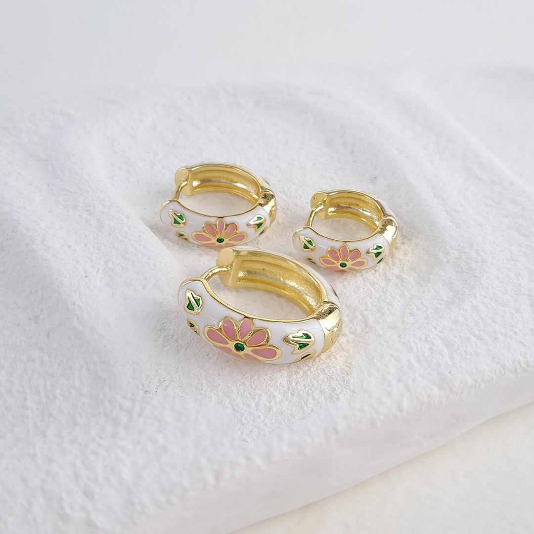 White Enamel Triple Earrings – Pink Floral (3-piece Set)
