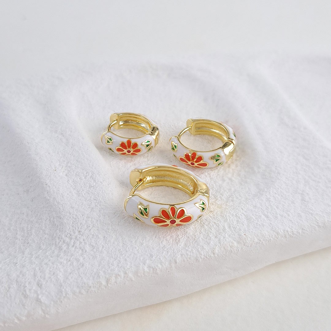 White Enamel Triple Earrings – Red Floral (3-piece Set)