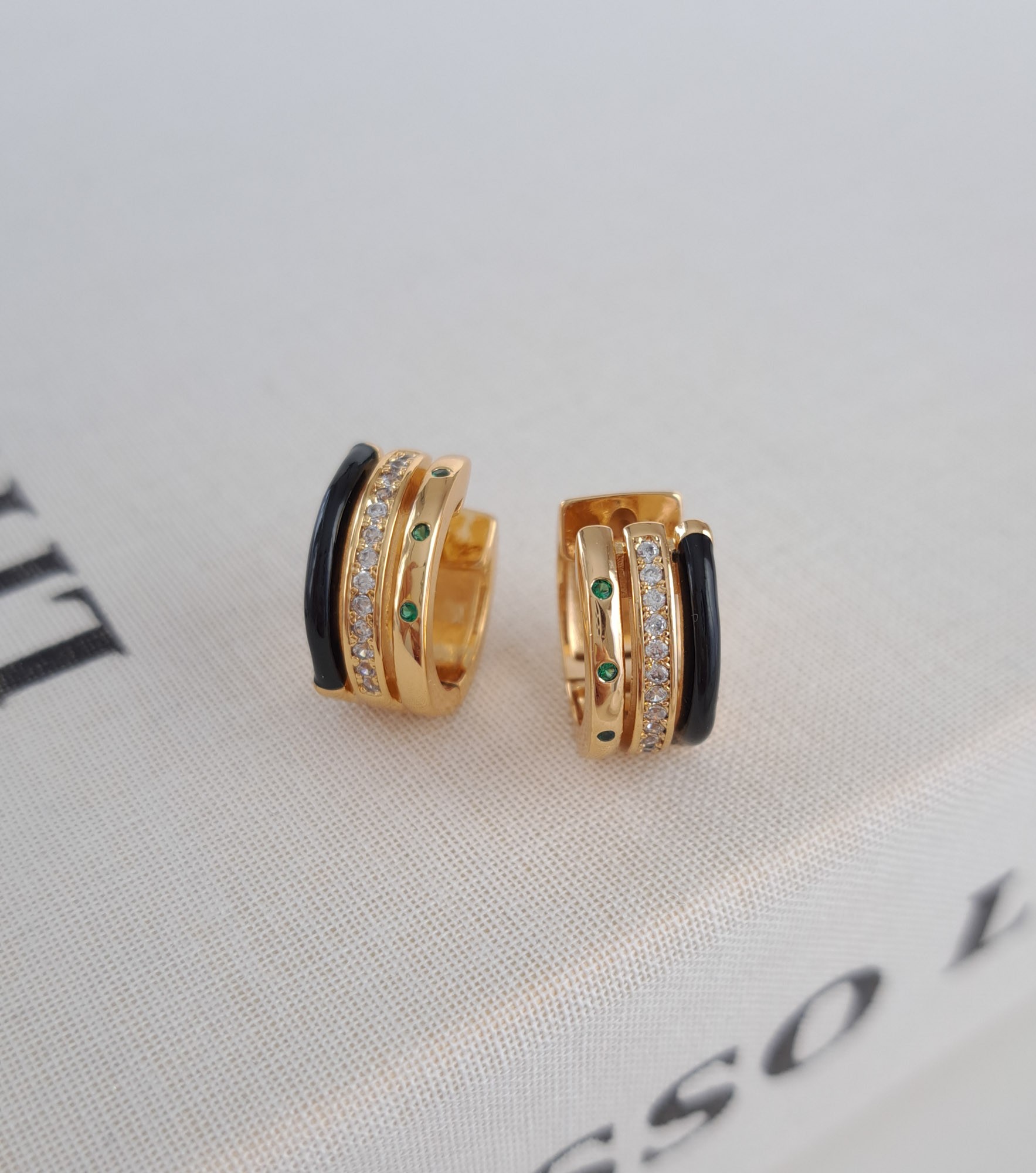 Black & Green Accent Gold Huggie Earrings
