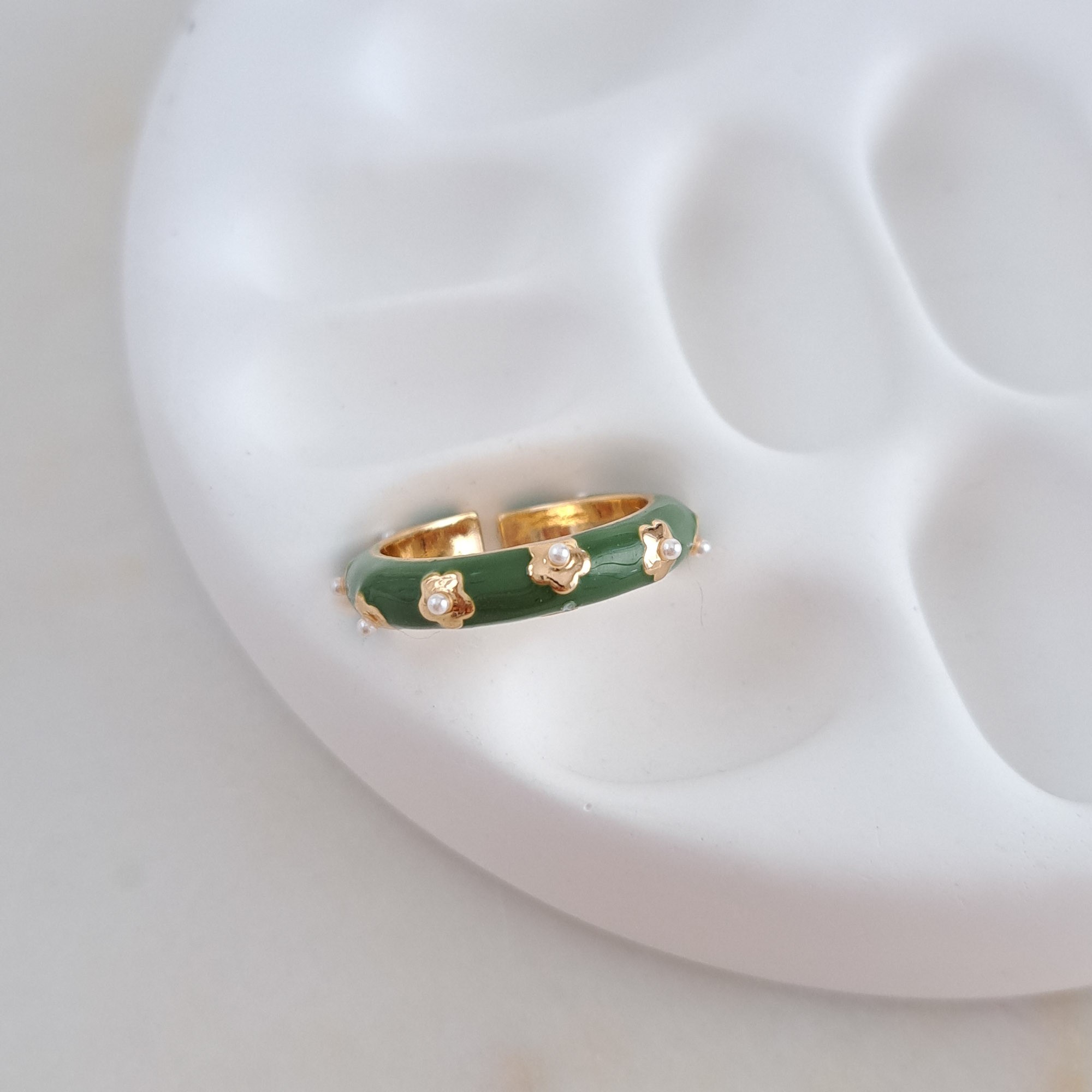 Green Pearl Enamel Ring