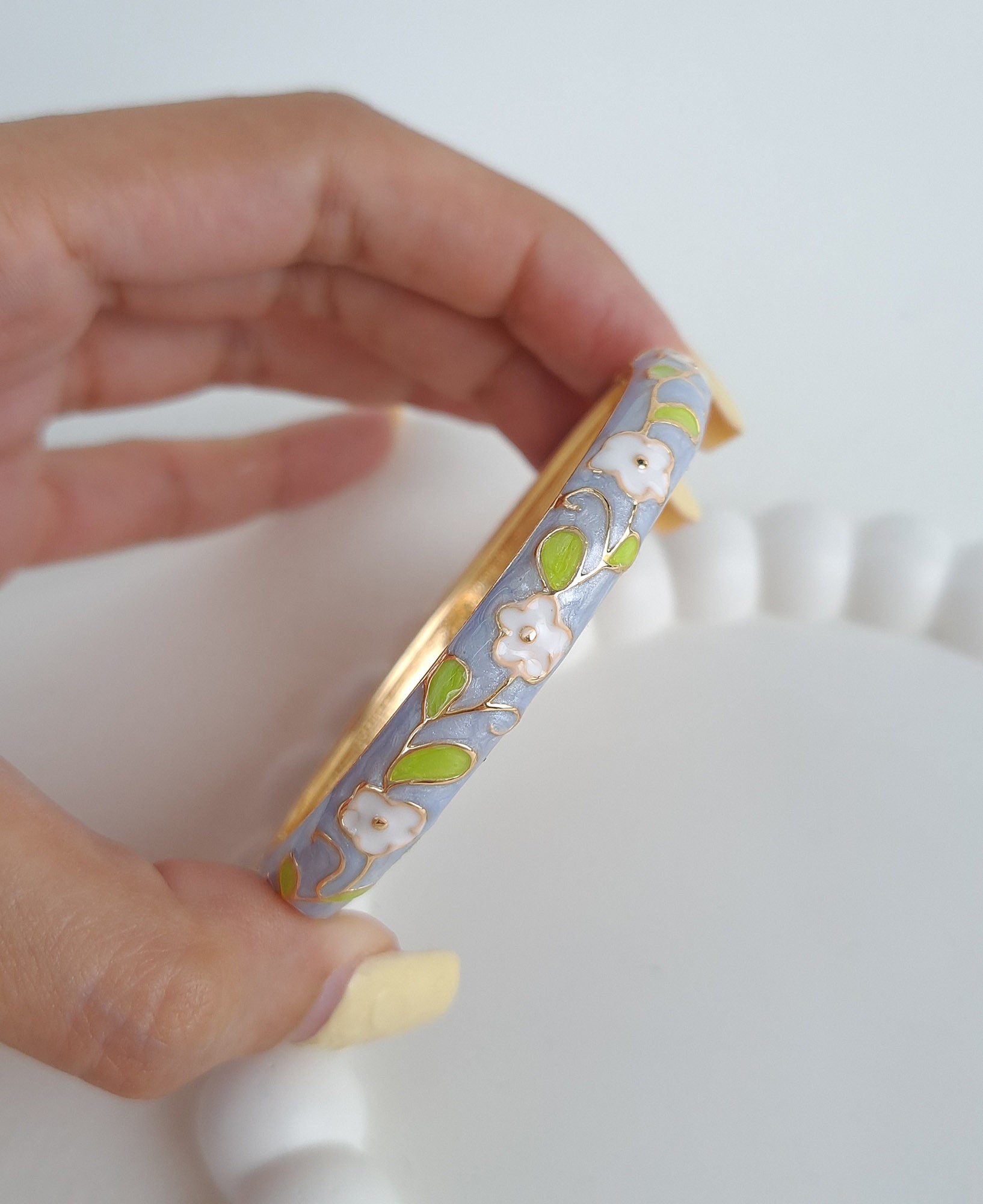 Blue Enamel Bangle with White Flower