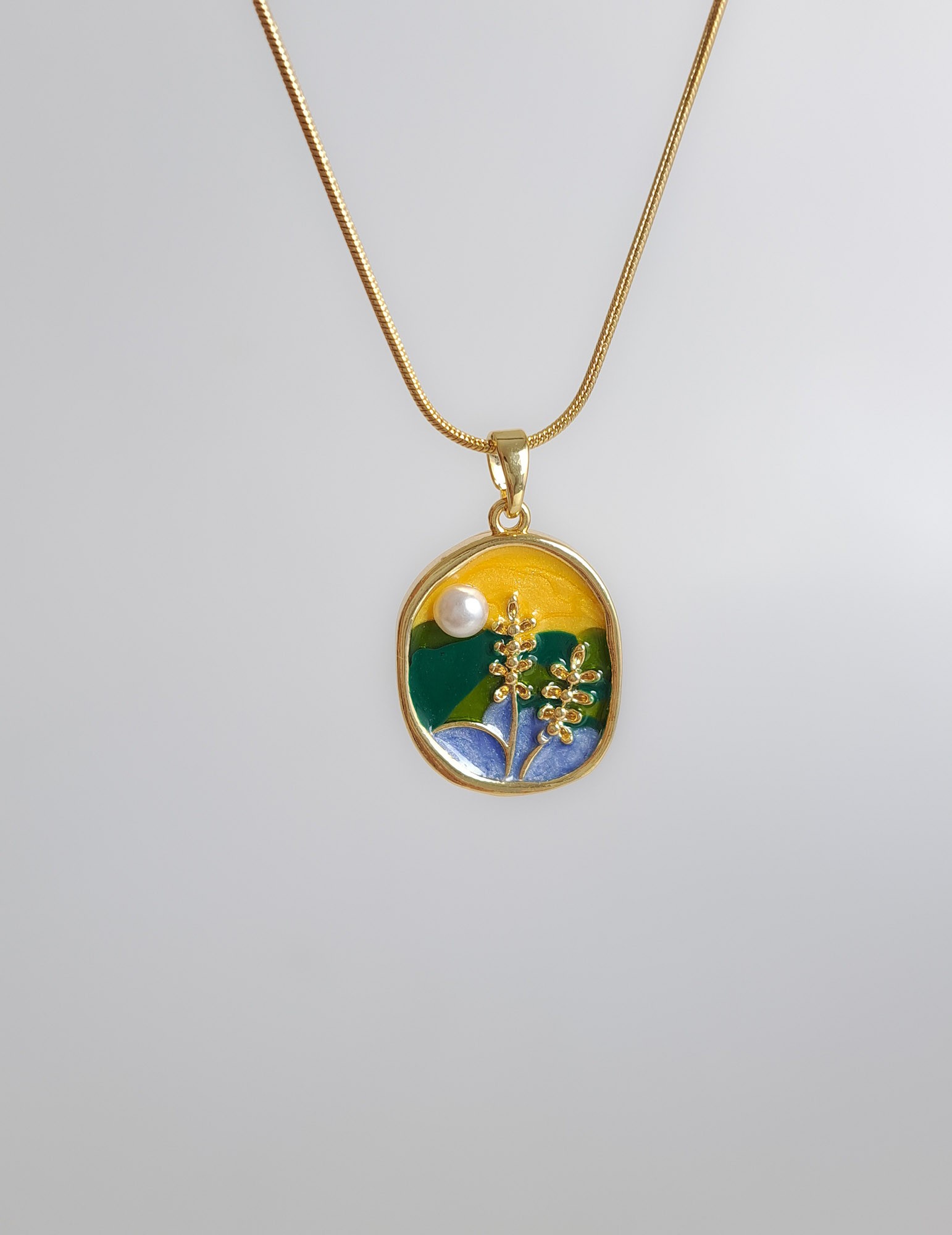 Golden Floral Enamel Necklace with Pearl Detail