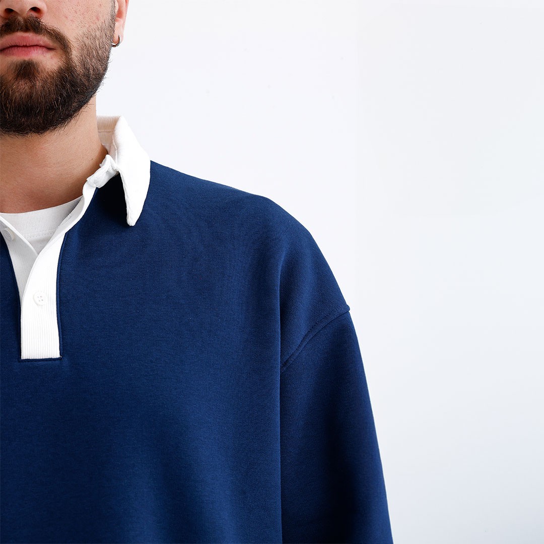 Lacivert Polo Yaka Oversize Sweatshirt