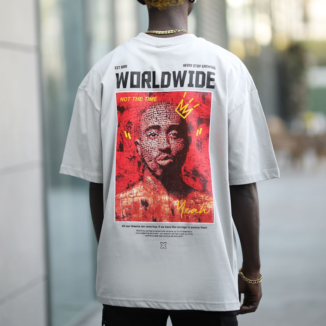Tupac Shakur WorldWide Boyama Gri Oversize Tişört