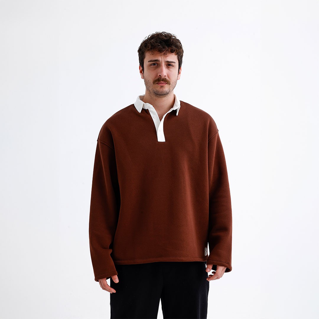 Kahverengi Polo Yaka Oversize Sweatshirt