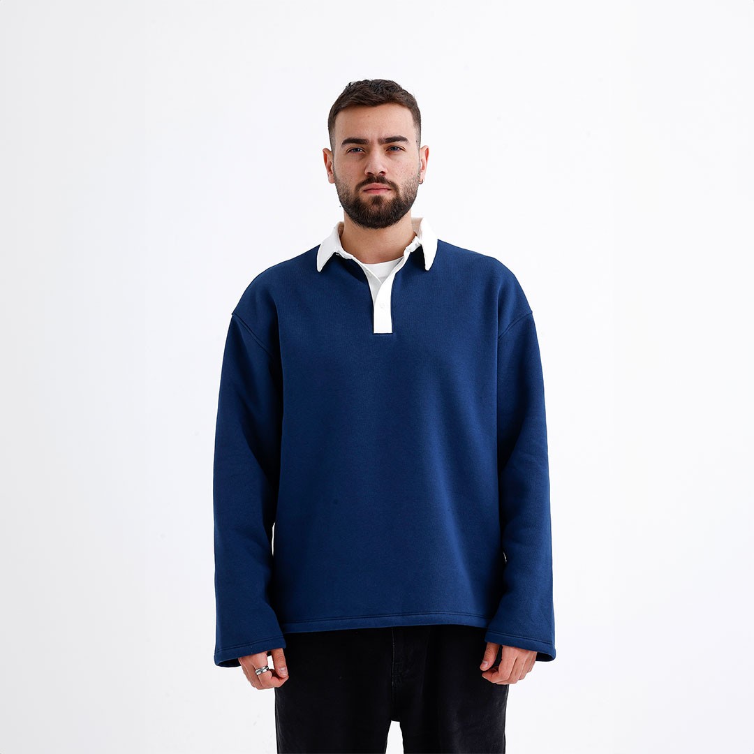 Lacivert Polo Yaka Oversize Sweatshirt