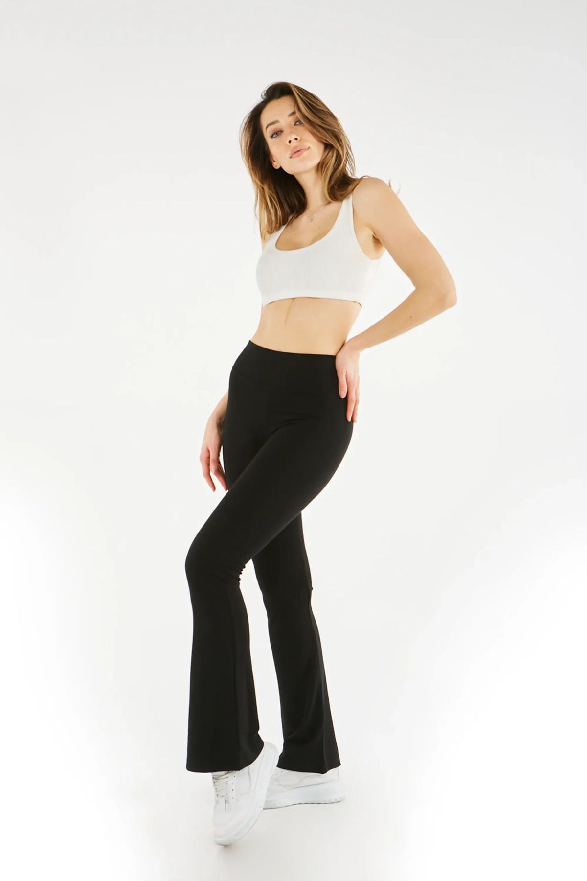 Kadın Siyah İspanyol Paça  Modelli  Fitilli Detay Tayt