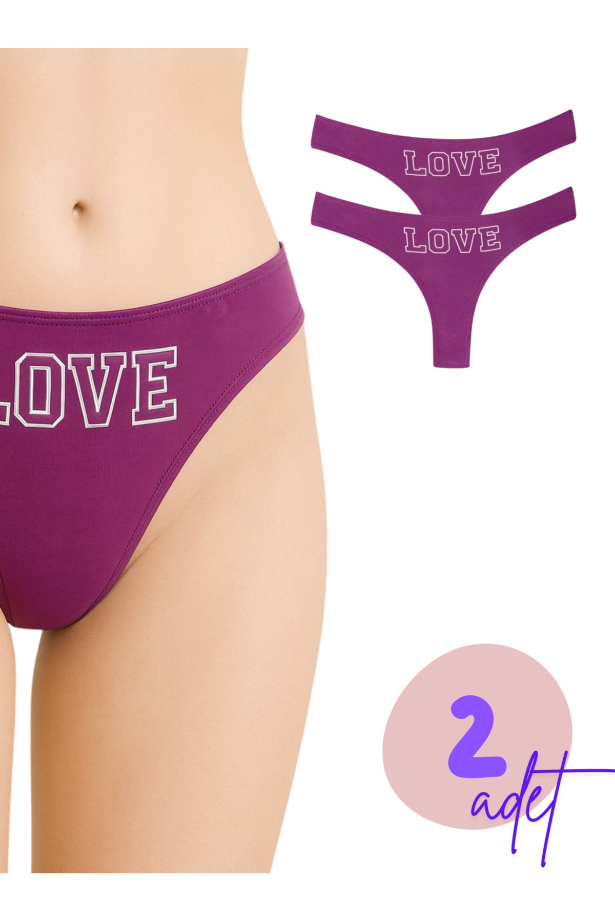 Kadın Beyaz LOVE Baskılı Pamuklu Likralı Brezilian Külot 2'li Paket - mor