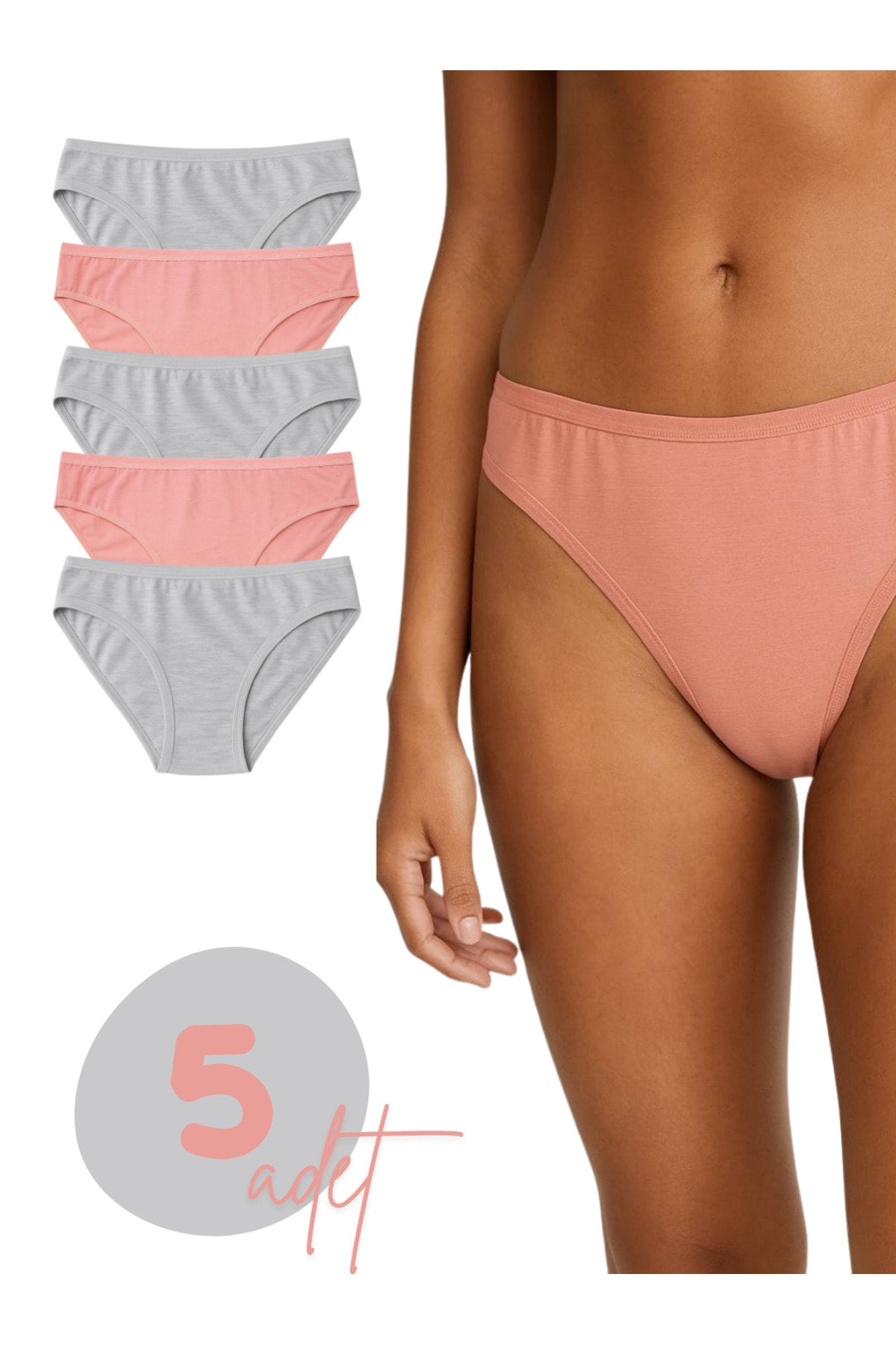 Kadın Pamuklu Likralı Bikini Külot 5'li Paket – Pastel Renk (Pembe, Gri)