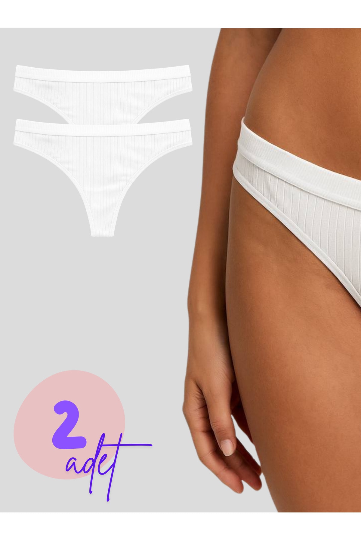 Kadın Bej-Pembe Ribana Brezilian Tanga Pamuklu Likralı Külot 2'li Eco Paket - beyaz