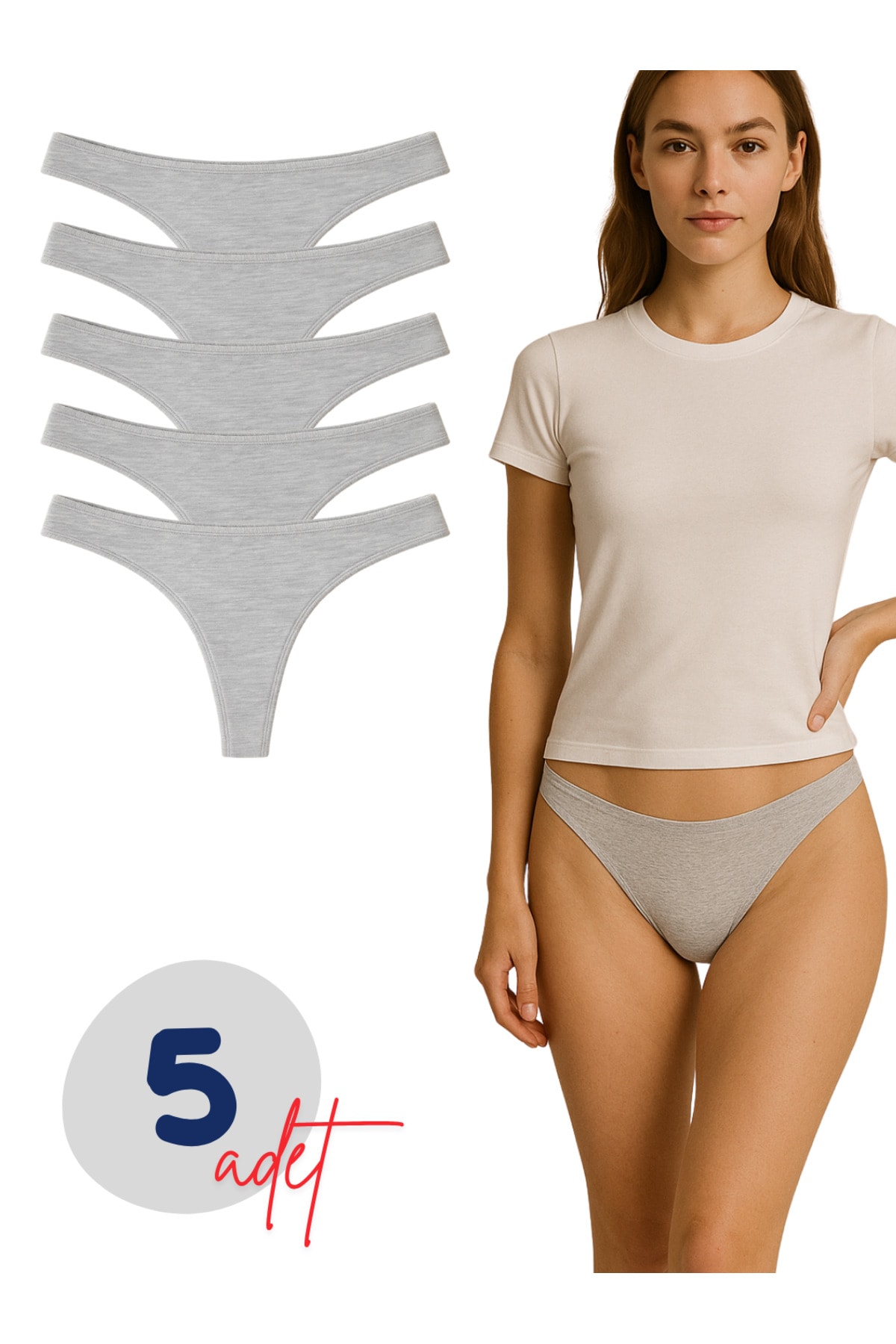 Kadın Pamuklu Likralı Tanga Külot 5'li Paket - Gri Renk - S