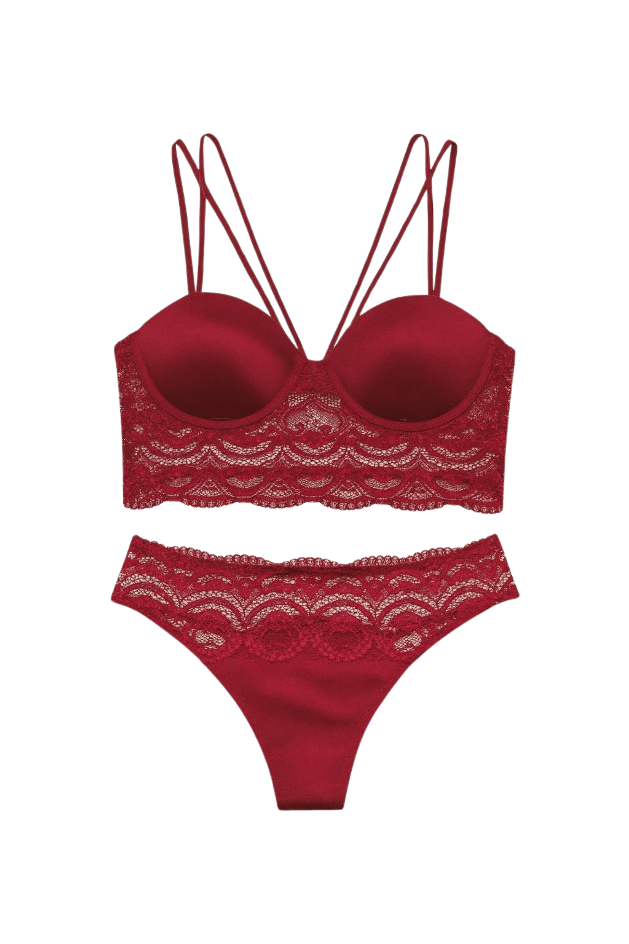 Kadın Vişne Bordo Dantel Desenli Balensiz Şık Fantazi 2'li Bralet Takım