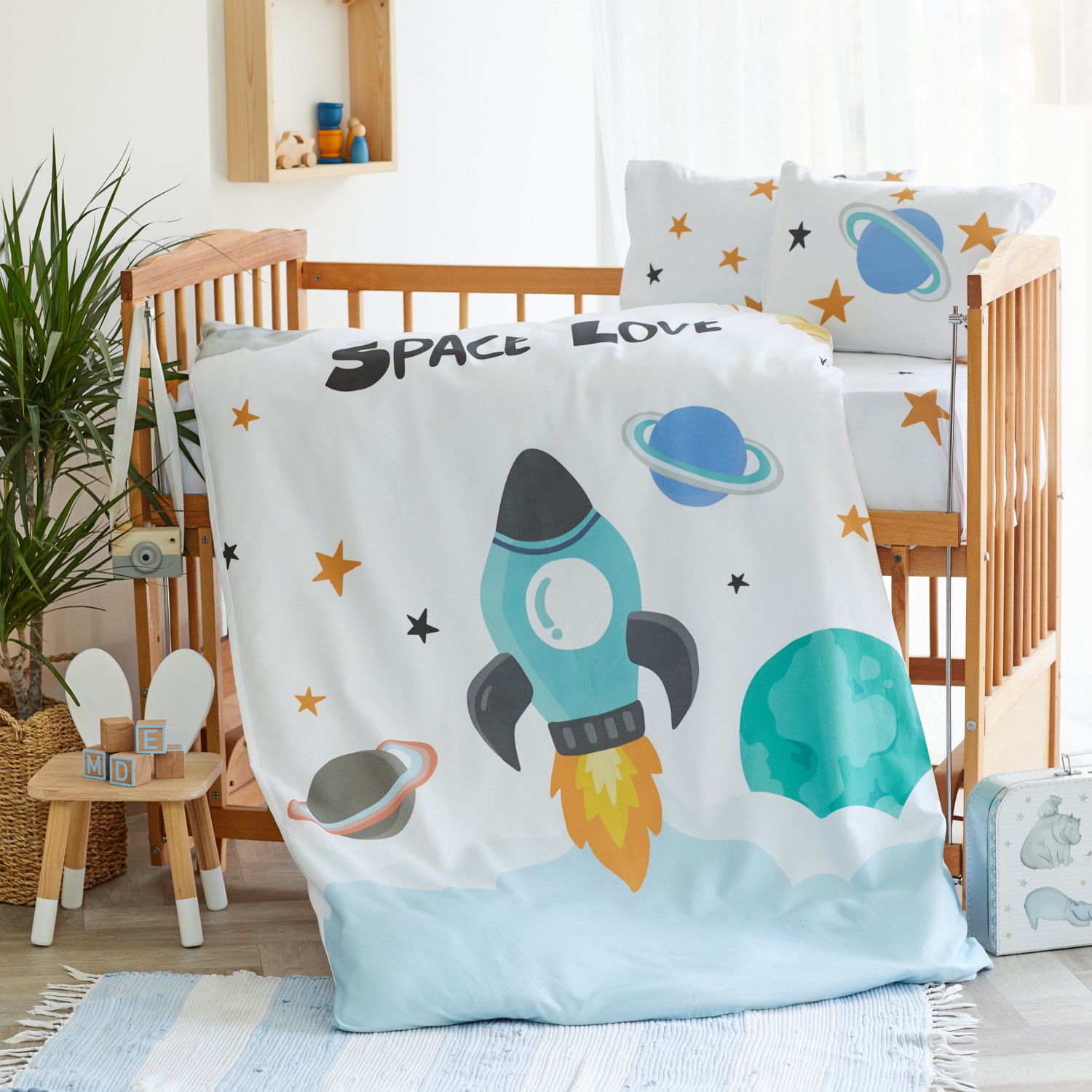 Organic Full Set Printed Cotton Satin Baby Duvet Cover Set - Rocket And Space Theme