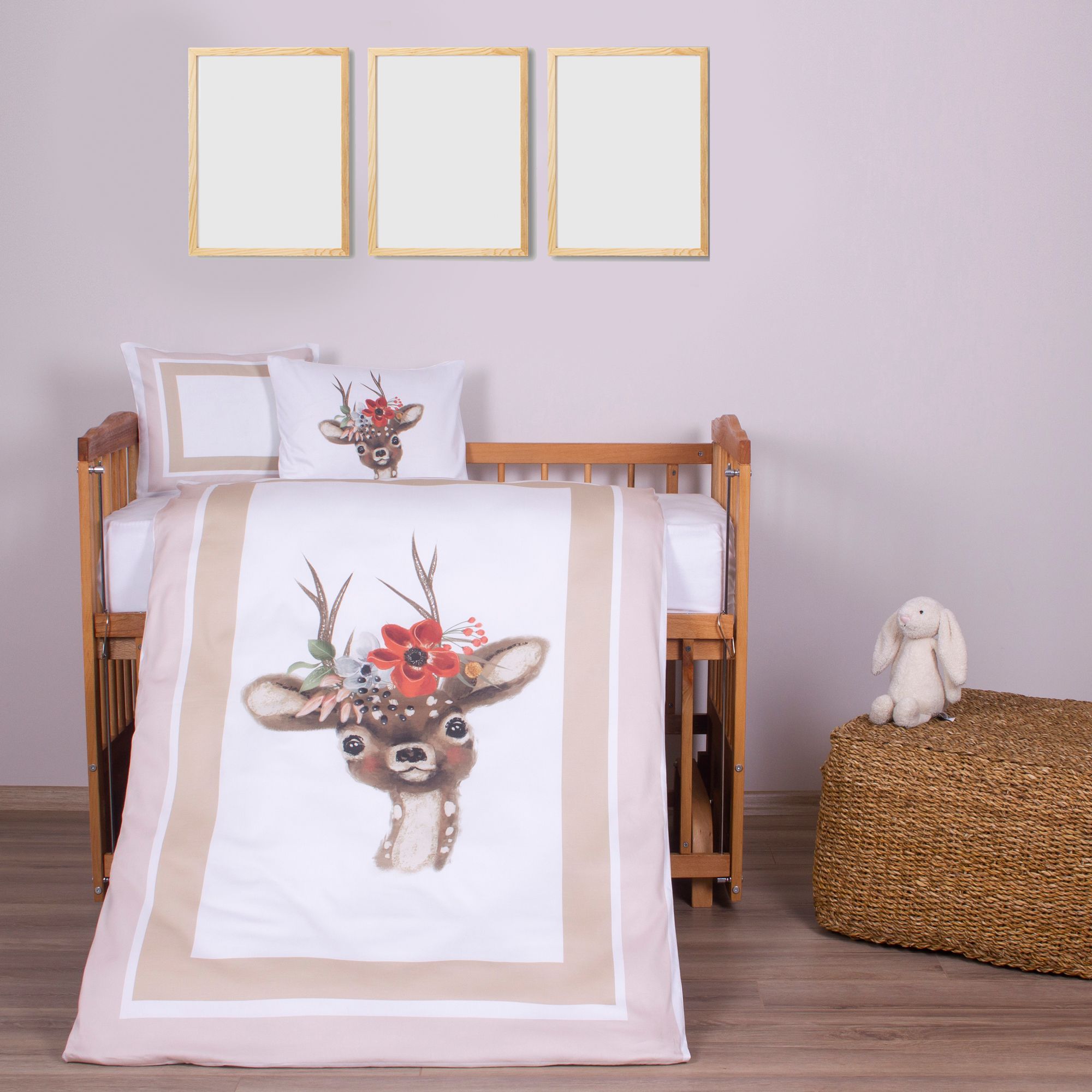 Organic Printed Cotton Satin Baby Duvet Cover Set - Deer And Flower Themed