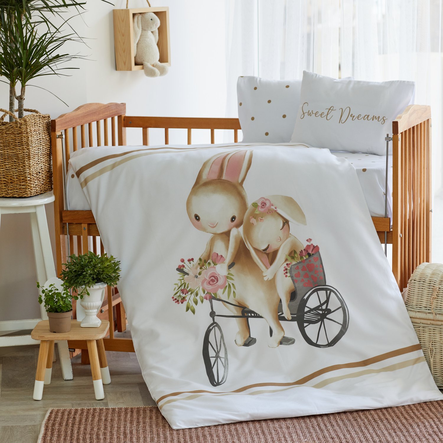 Organic Full Set Printed Cotton Satin Baby Duvet Cover Set - Polka Dot And Rabbit Themed
