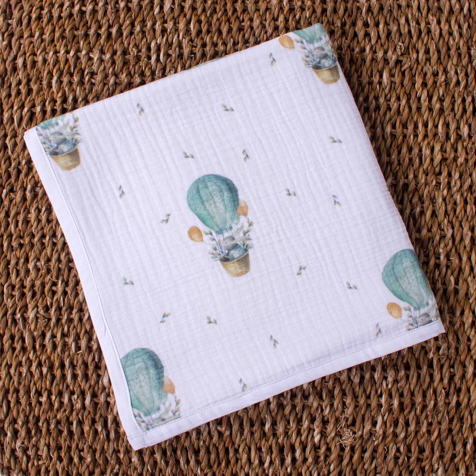 Organic 4 Layer Patterned Muslin Baby Blanket - Rabbit And Flying Balloon
