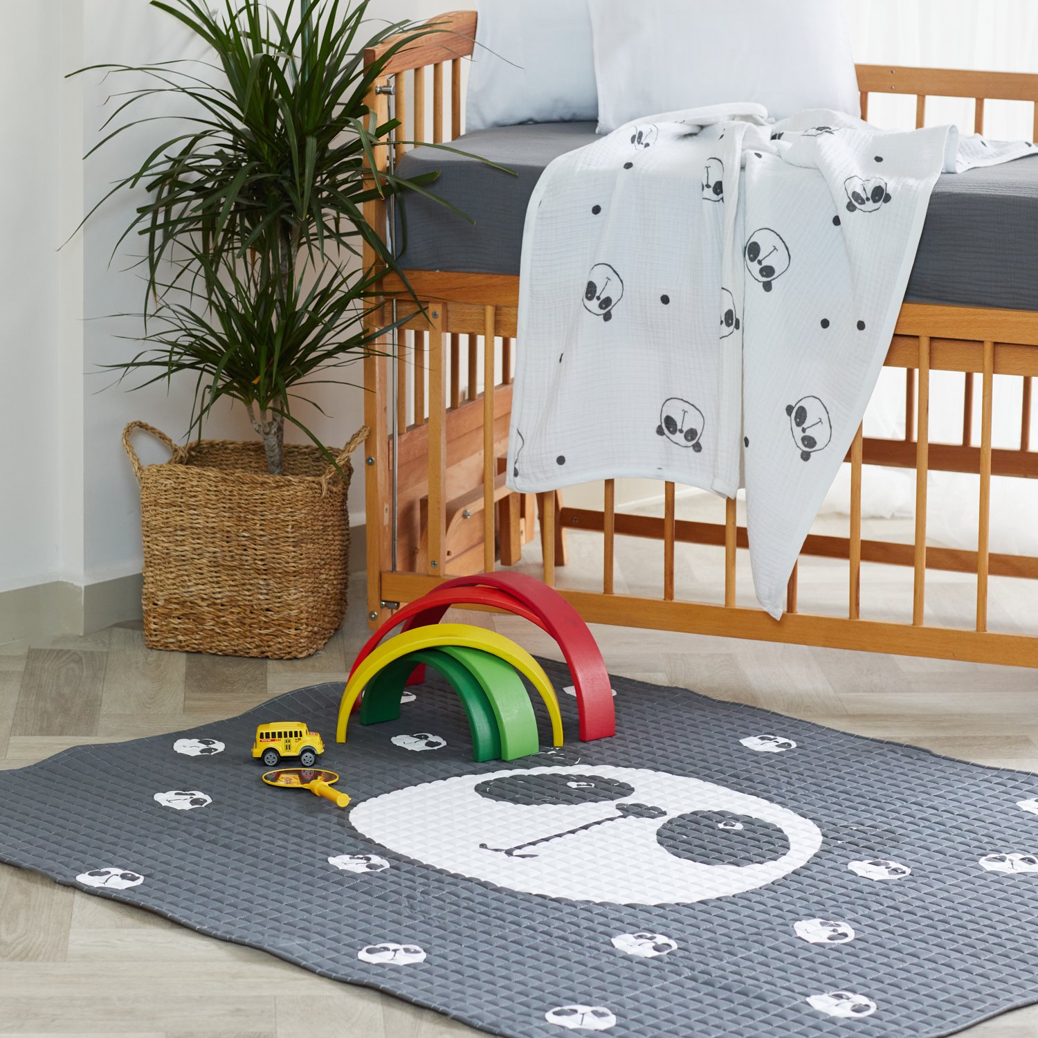 Organic Baby Toy Basket And Play Mat Set - Anthracite Color Panda Themed