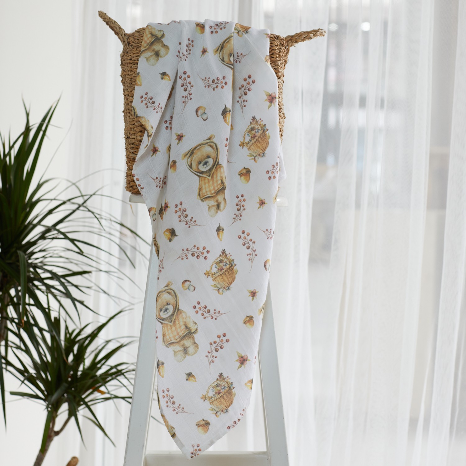 Organic Double Layer Checkered Muslin - Teddy Bear and Flower Theme