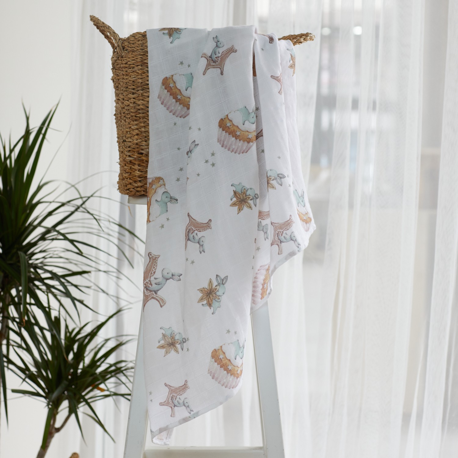 Organic Double Layer Checkered Muslin - Cake And Rabbit Themed