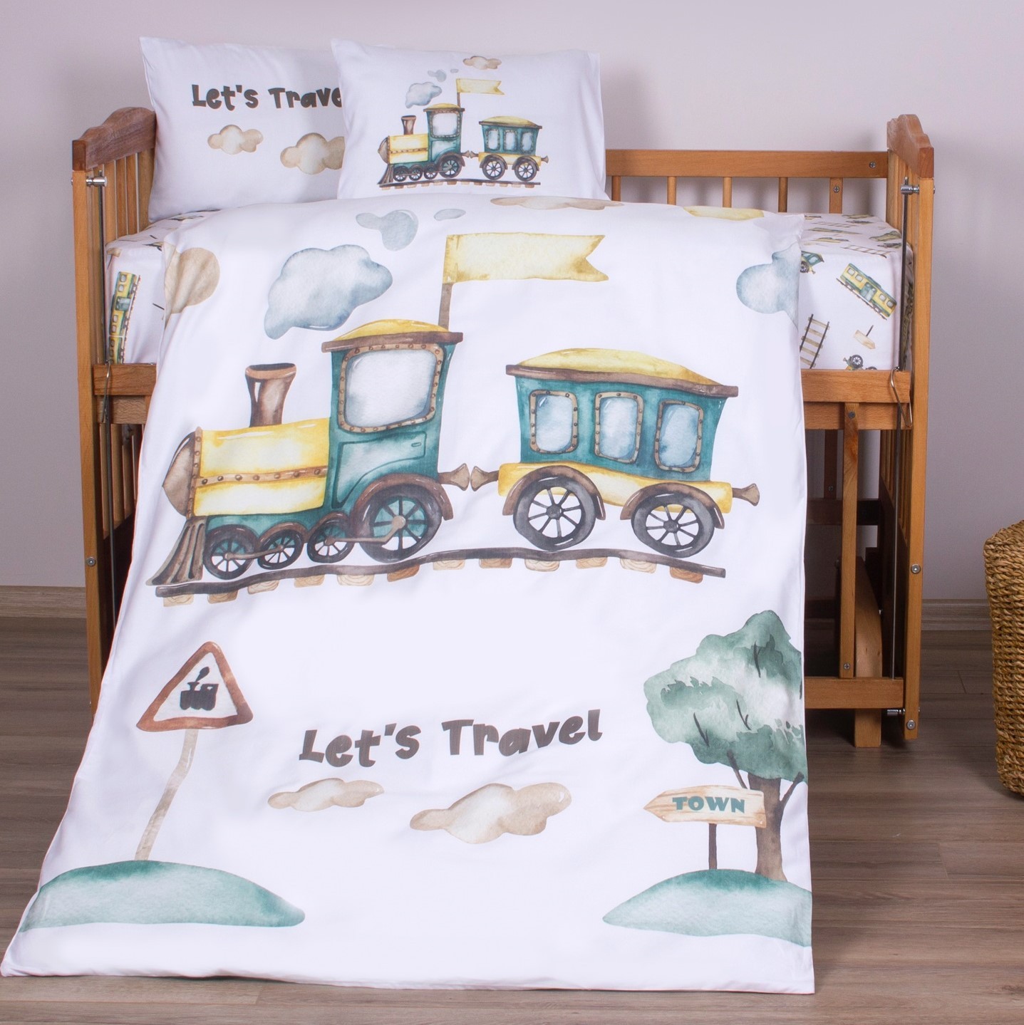Organic Full Set Printed Cotton Satin Baby Duvet Cover Set - Train And Cloud Theme