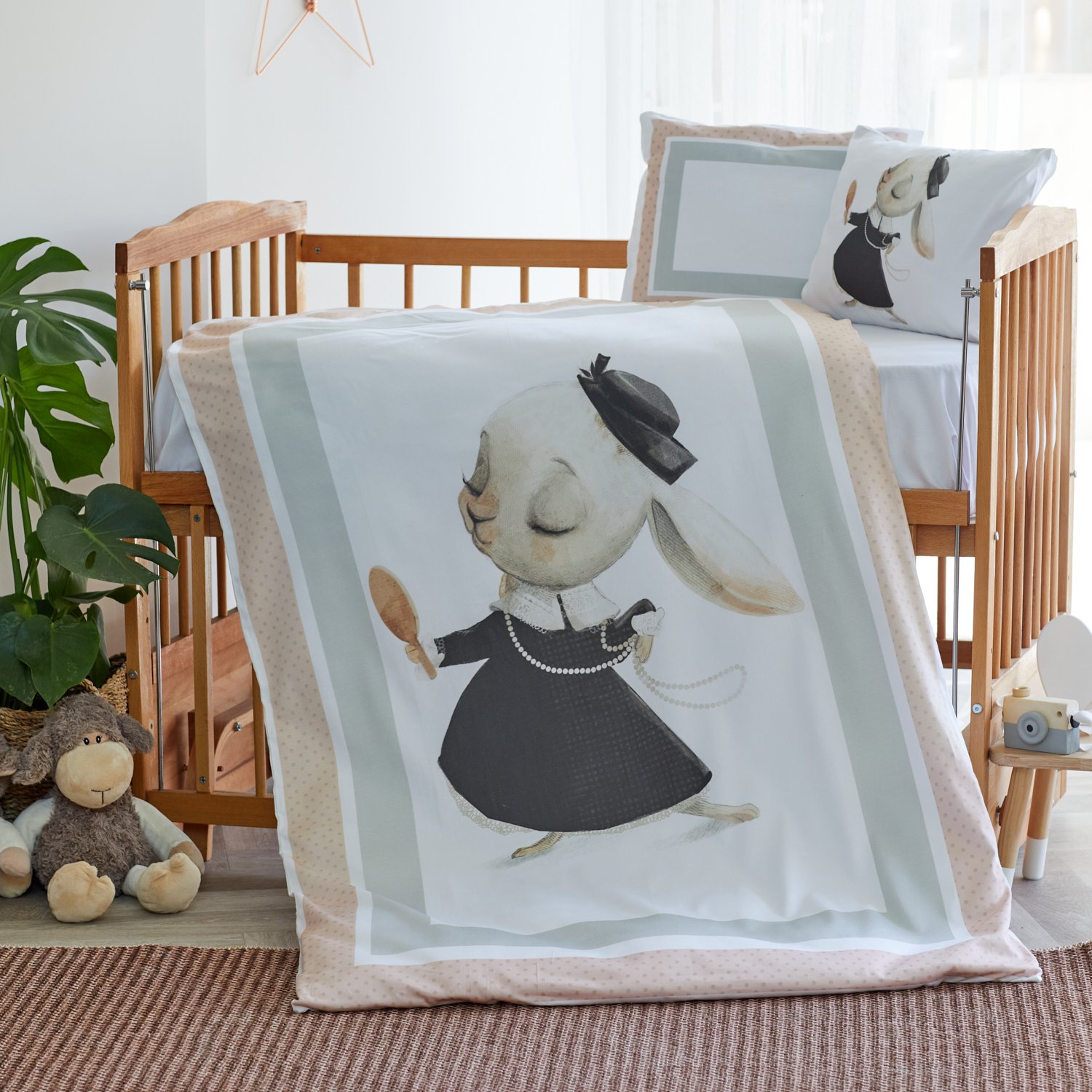 Organic Printed Cotton Satin Baby Duvet Cover Set - Pink Rabbit Theme