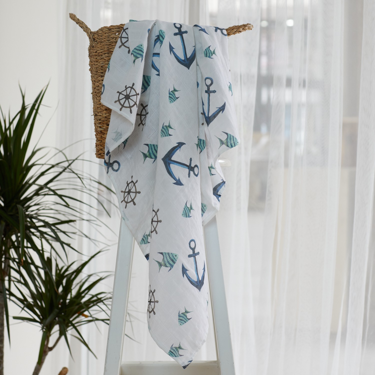 Organic Double Layer Checkered Muslin - Fish And Sea Theme