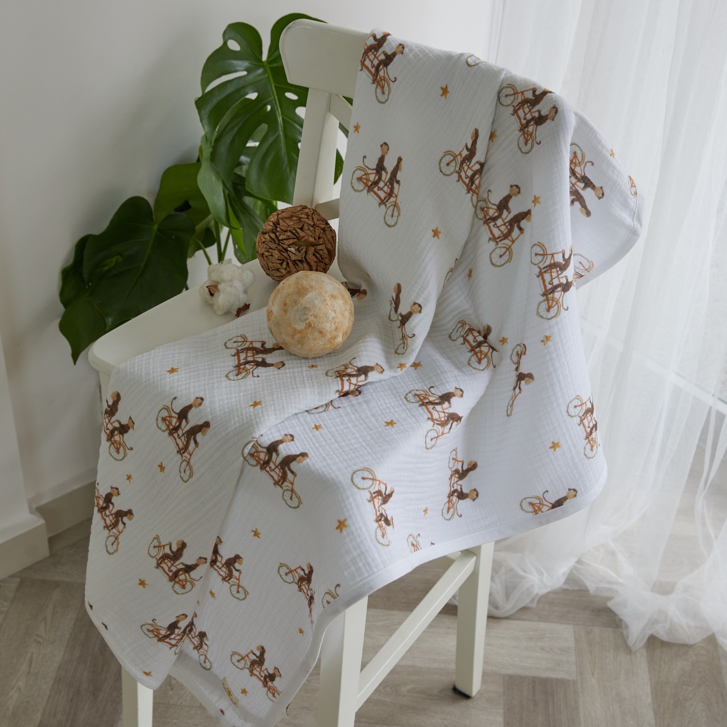 Organic 4 Layer Patterned Muslin Baby Blanket - Monkey And Cycling