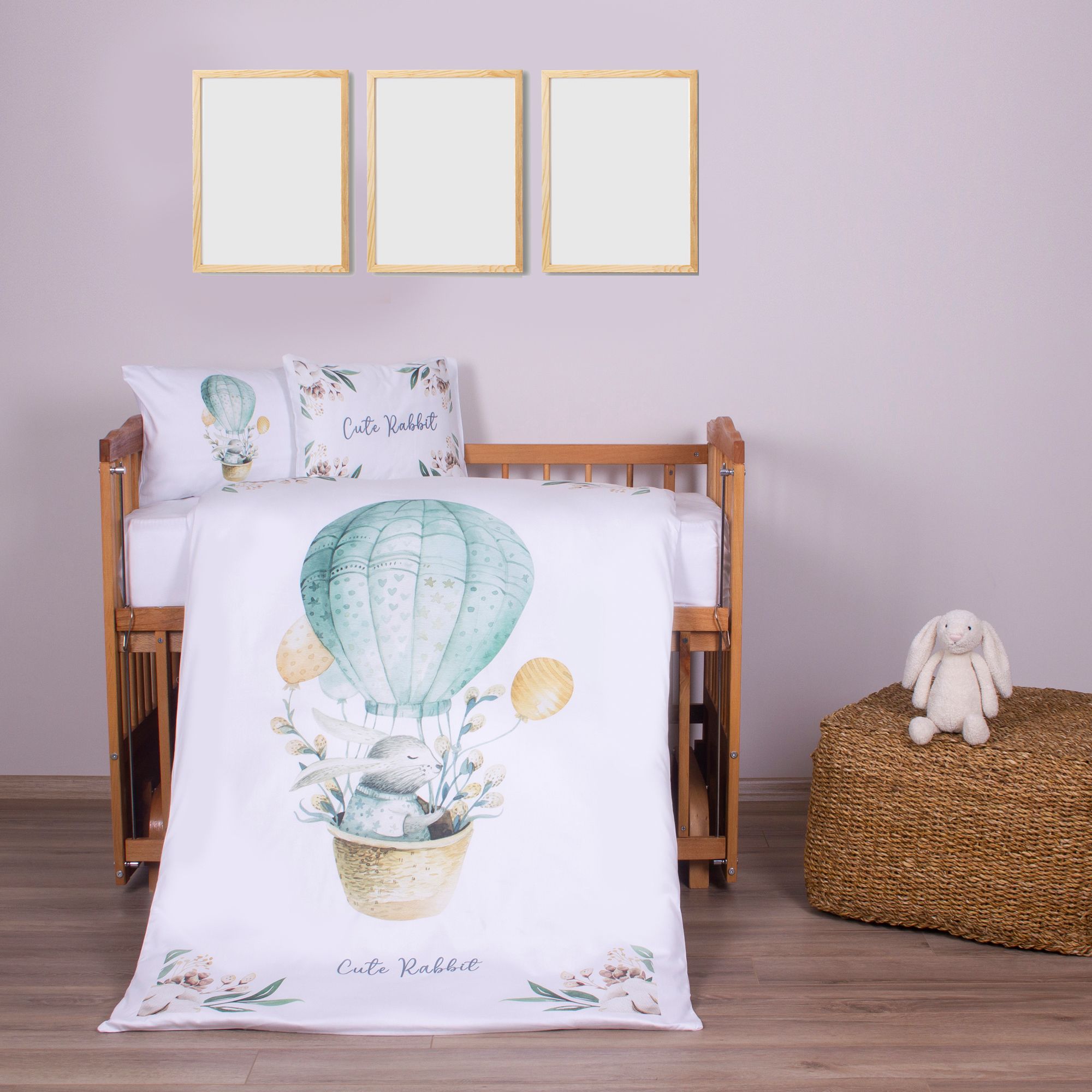 Organic Printed Cotton Satin Baby Duvet Cover Set - Floral Flying Balloon And Rabbit Themed