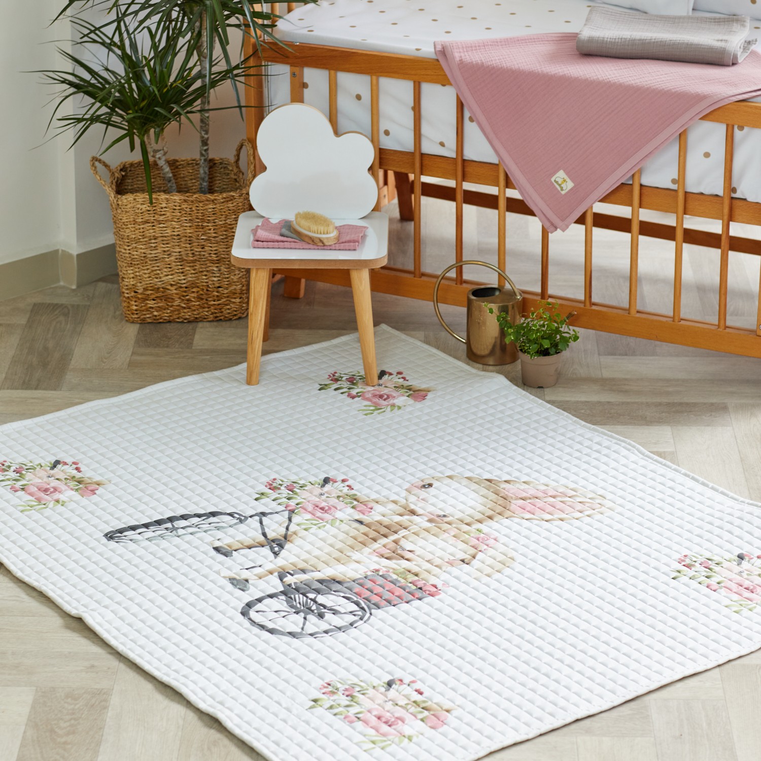 Organic Baby Play Mat - Flower And Rabbit Themed
