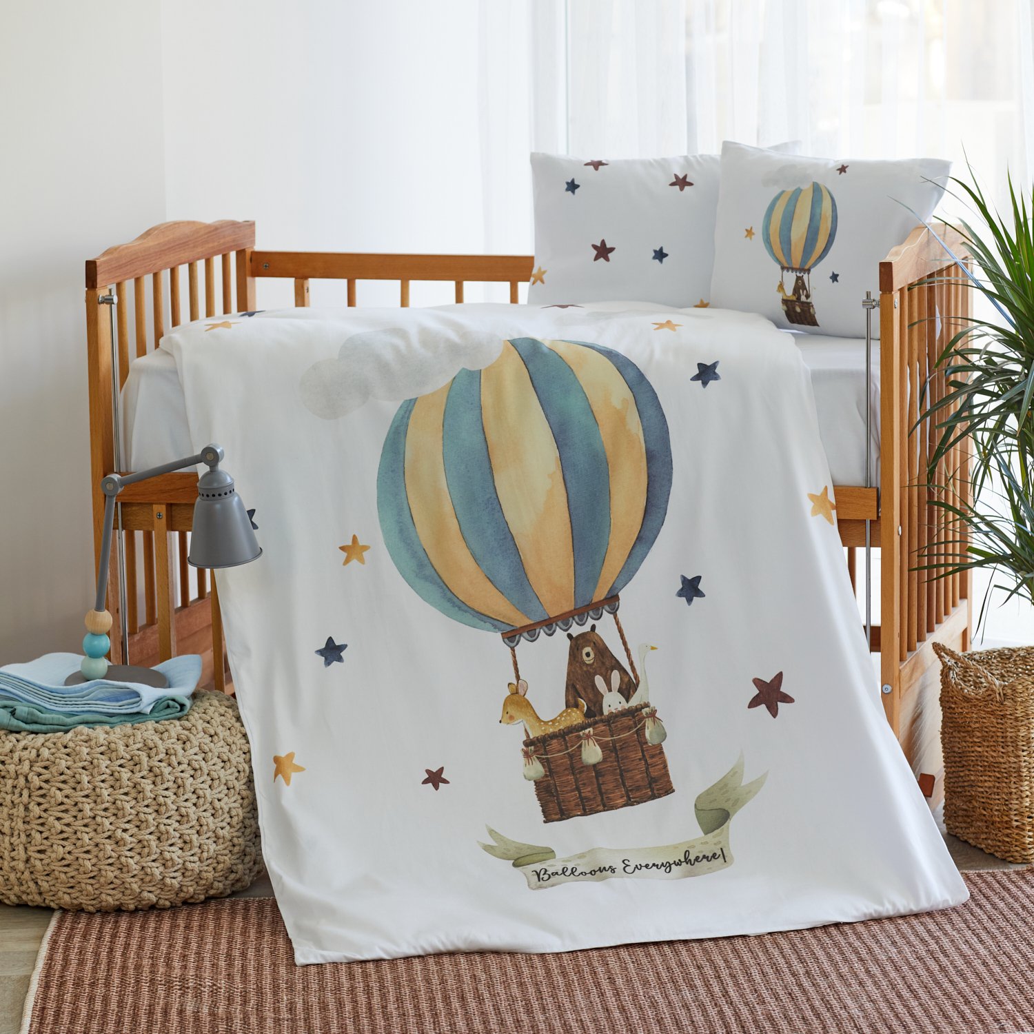 Organic Printed Cotton Satin Baby Duvet Cover Set - Teddy Bear, Flying Balloon And Star Themed