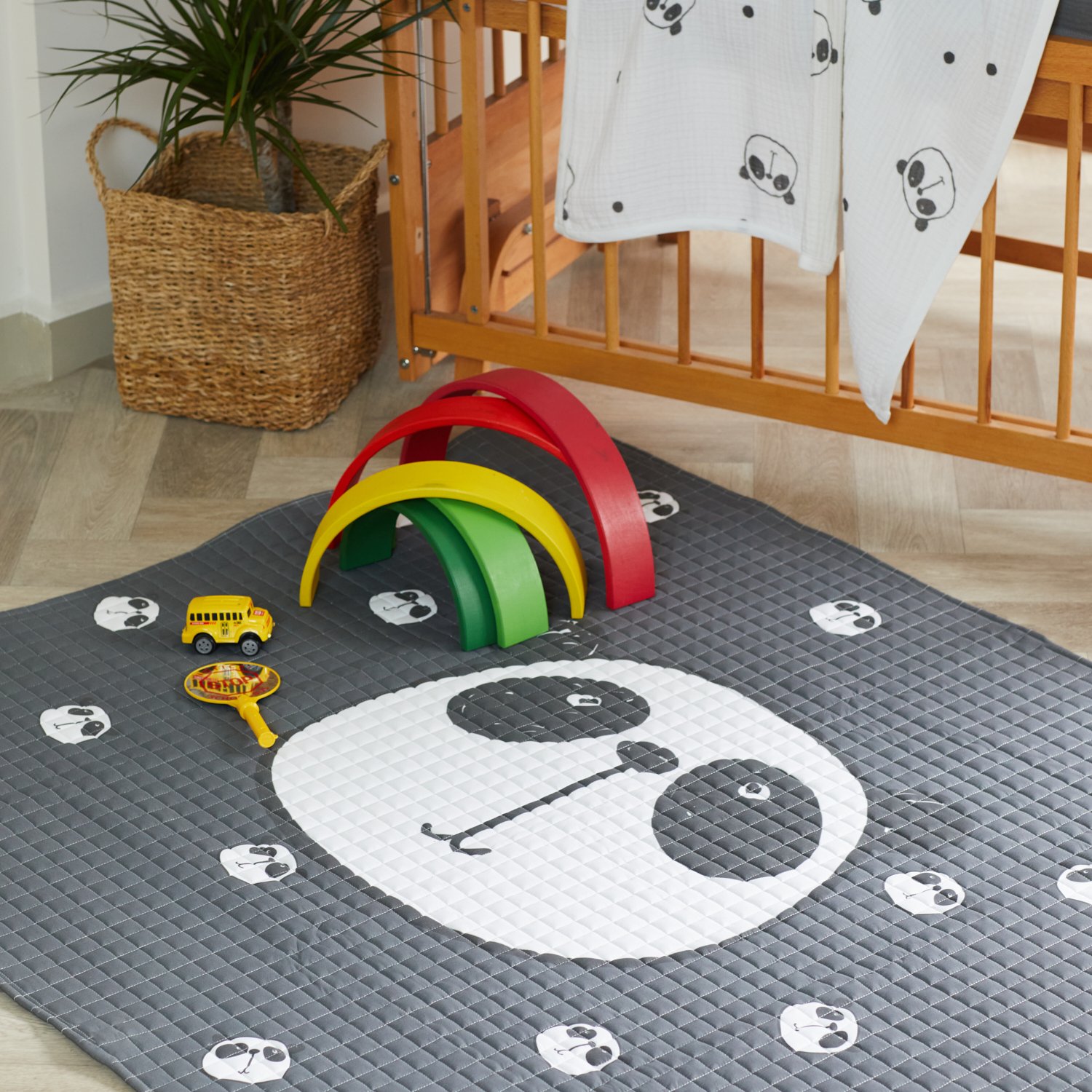 Organic Baby Play Mat - Anthracite Color Panda Themed