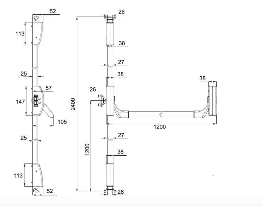 ASSA ABLOY YÜZEY TİP PANİK BAR 2-3 NOKTADAN KİLİTLEMELİ PED-180-2-3