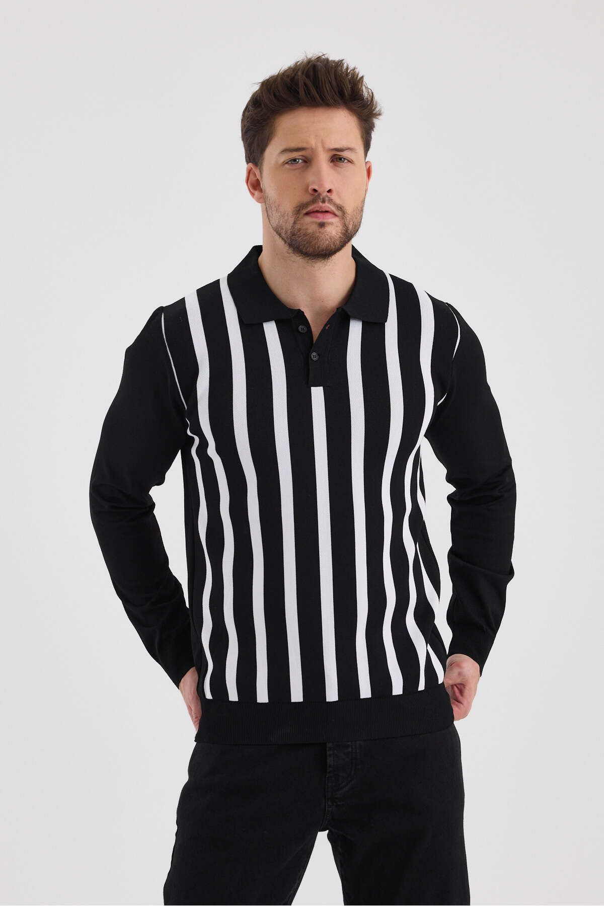 Erkek Polo Yaka Çizgili Triko Kazak