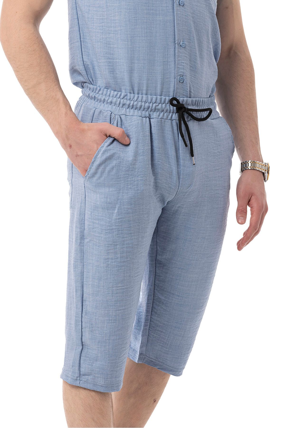 Erkek Mekanik Keten Gömlekli Diz Altı Kapri Takım - Mavi