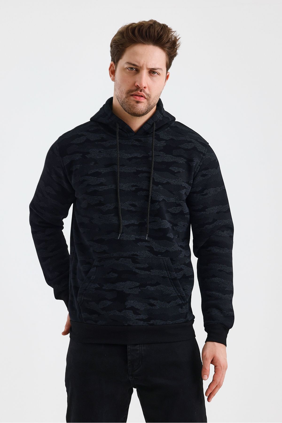 Erkek Kapşonlu Kamuflaj Baskılı 3 İplik Sweatshirt