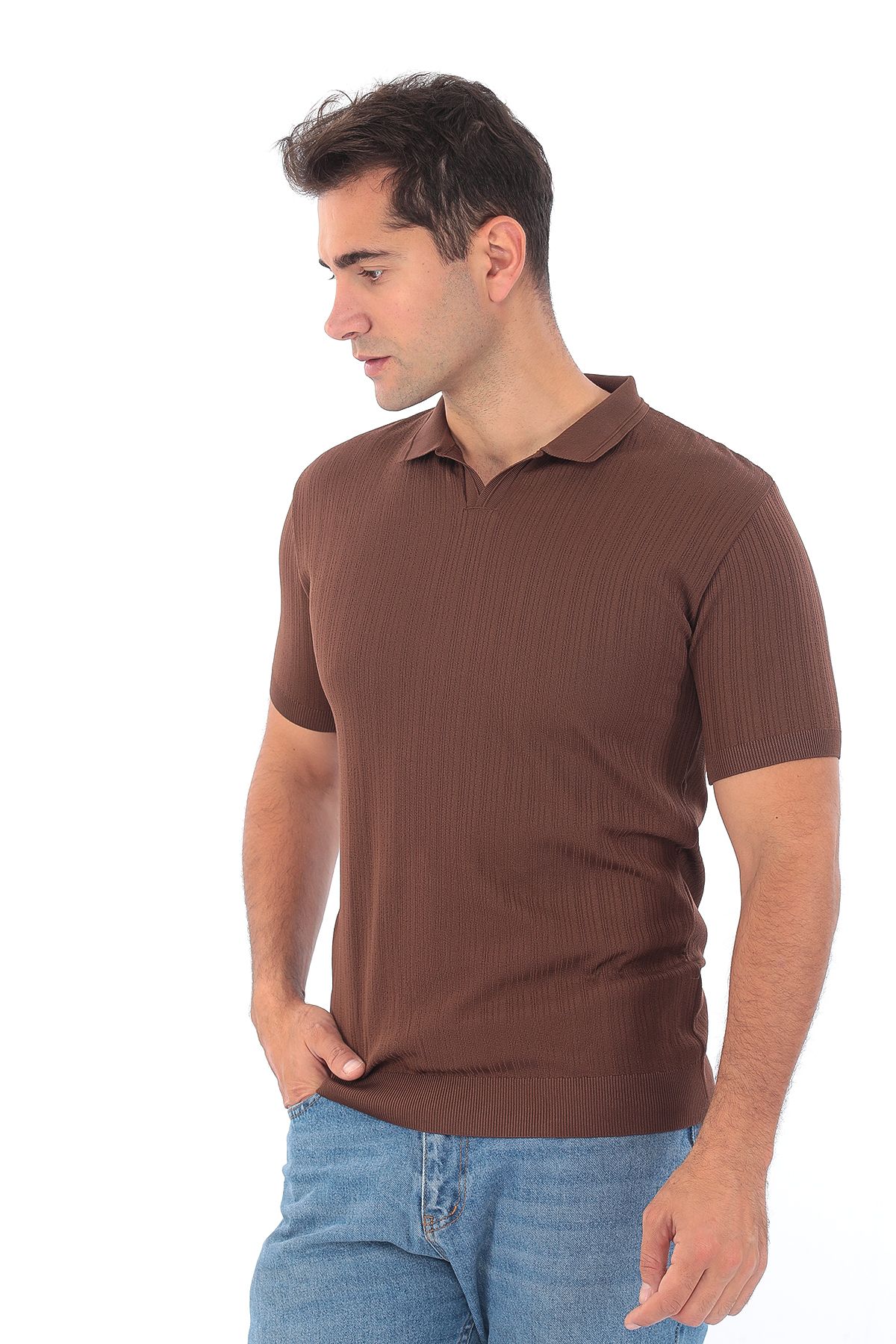 Erkek Polo Yaka Spor Yazlık Triko Tişort - Kahve