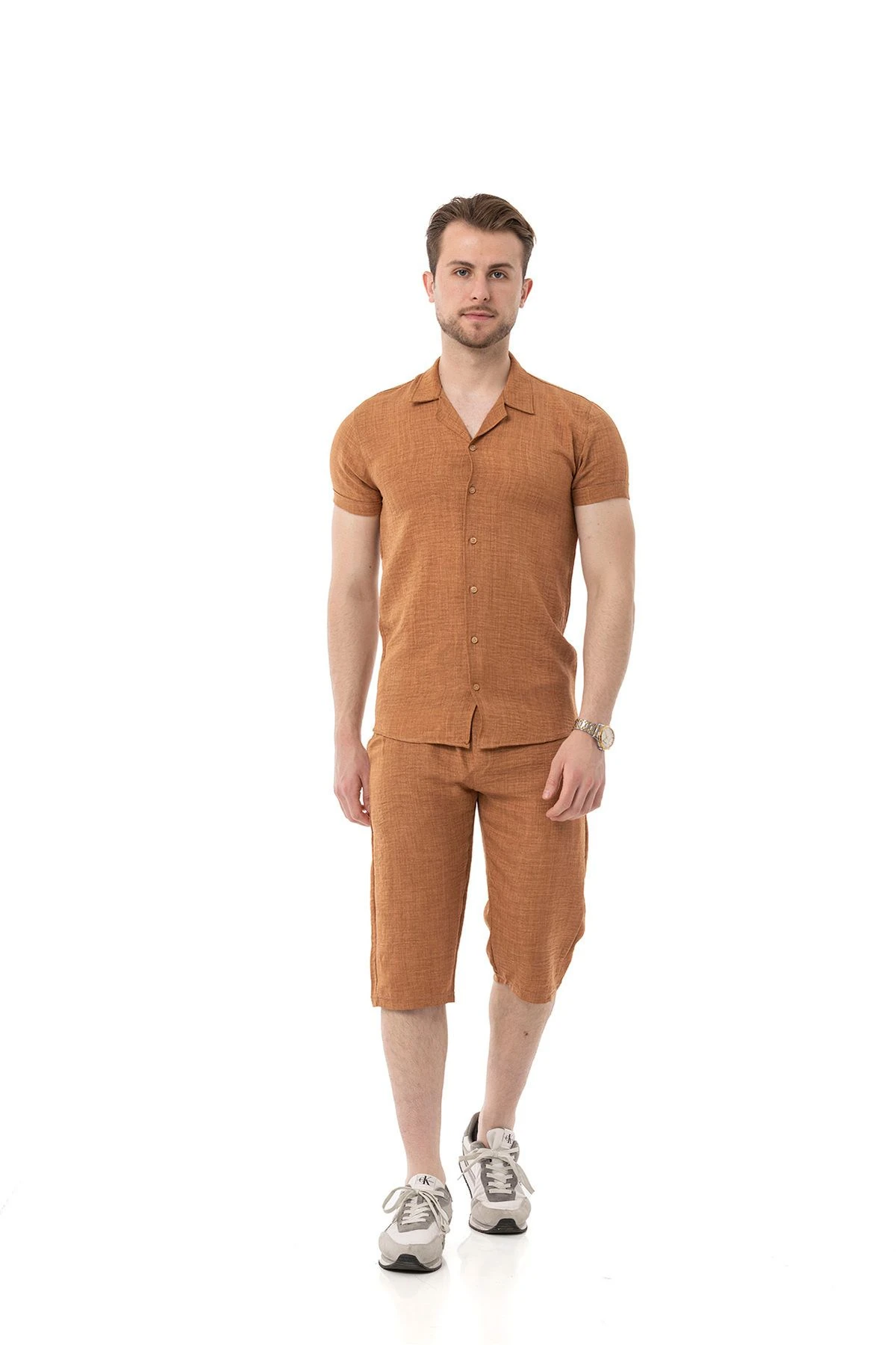 Erkek Mekanik Keten Gömlekli Diz Altı Kapri Takım - Kahve