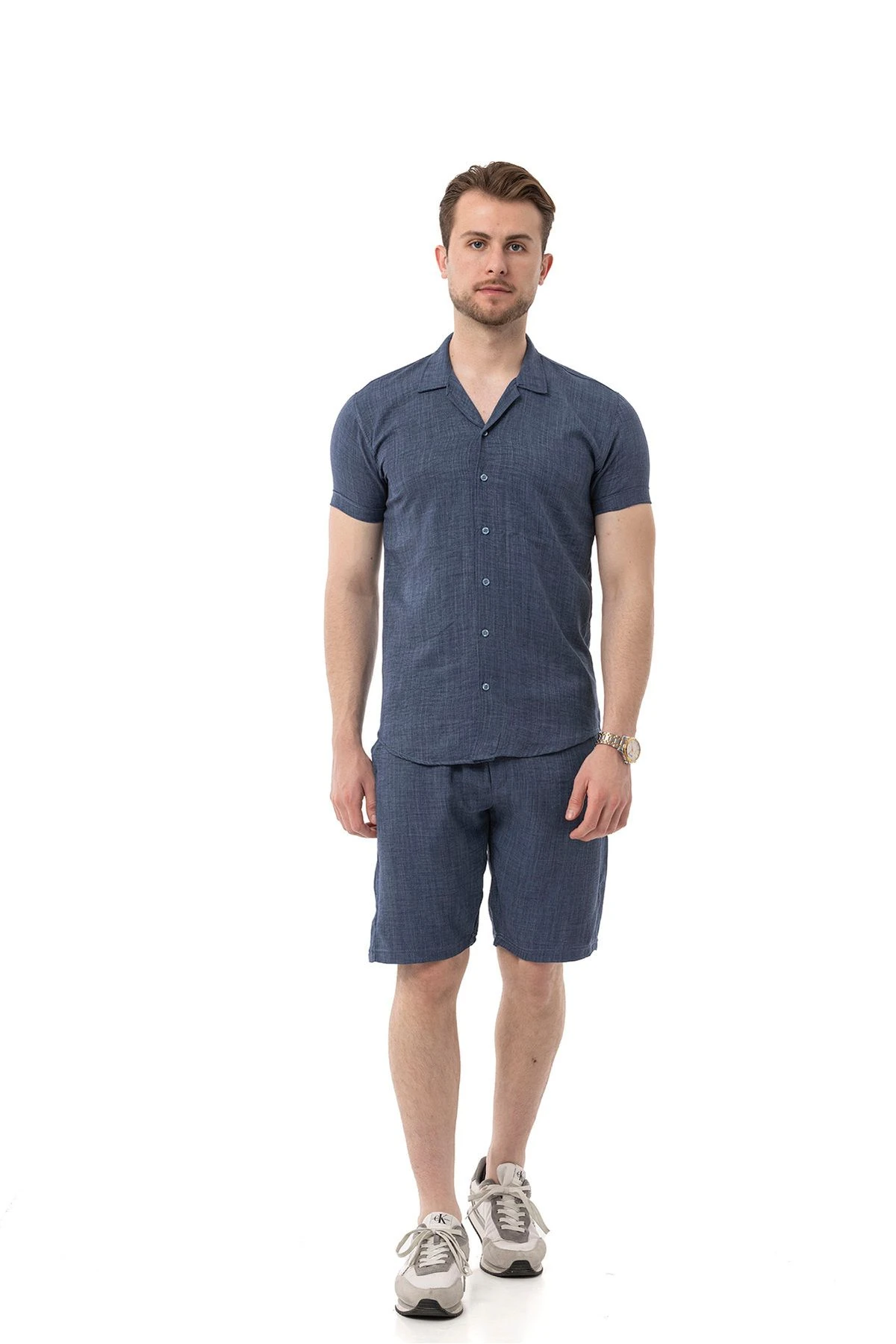 Erkek Mekanik Keten Gömlekli Şortlu Takım - Antrasit