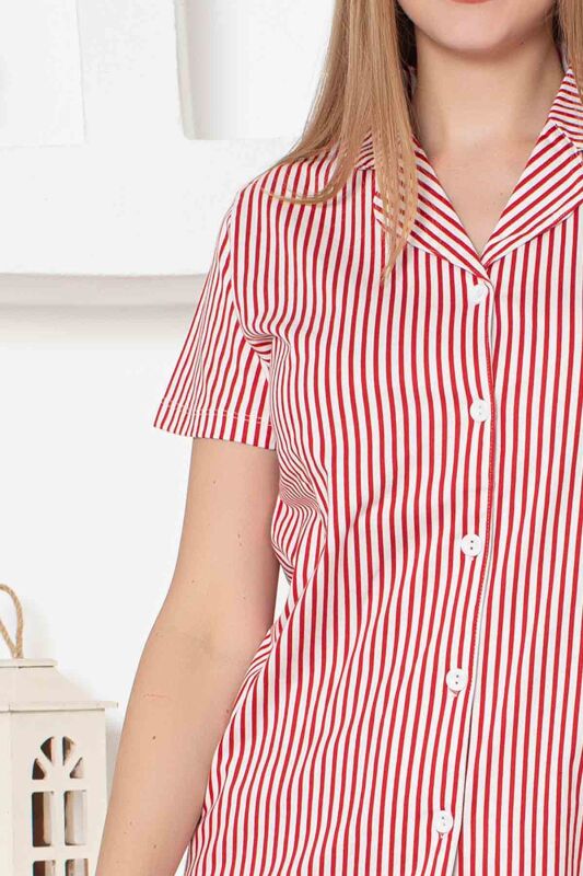 Monox Kadın Önden Düğmeli Kısa Kol Likralı Çizgili Gömlek Pijama Takımı