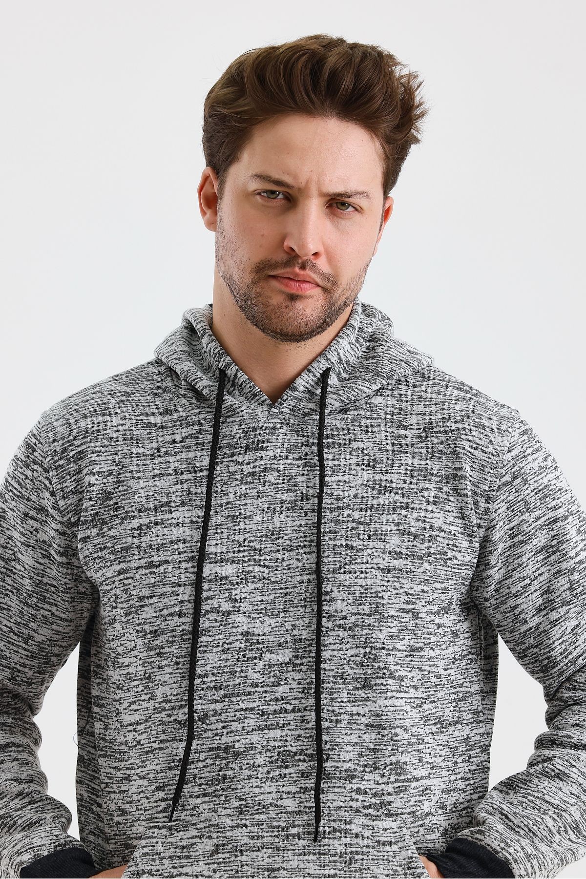 Erkek Kapşonlu Kırçıllı 3 İplik Sweatshirt