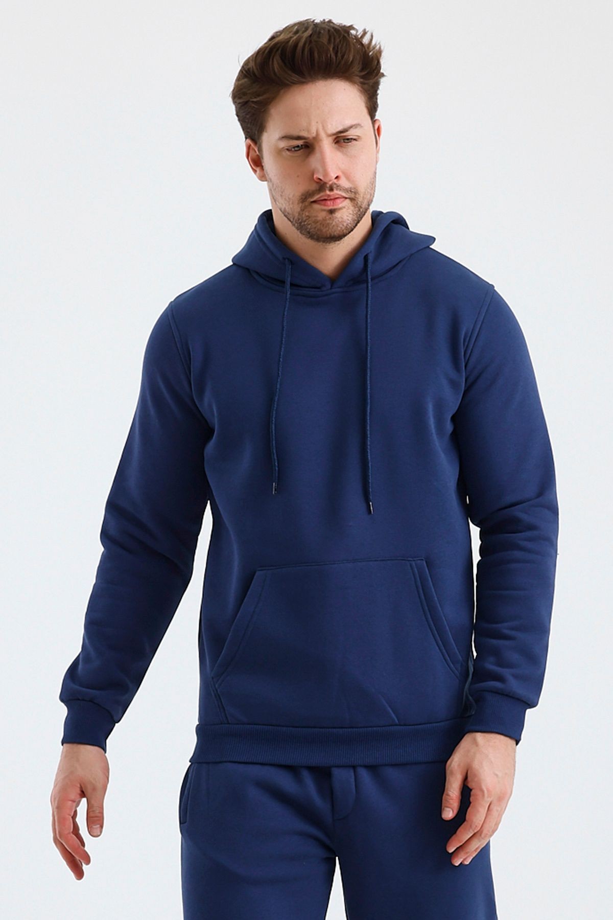 Erkek Kapşonlu 3 İplik Sweatshirt - Açık Lacivert