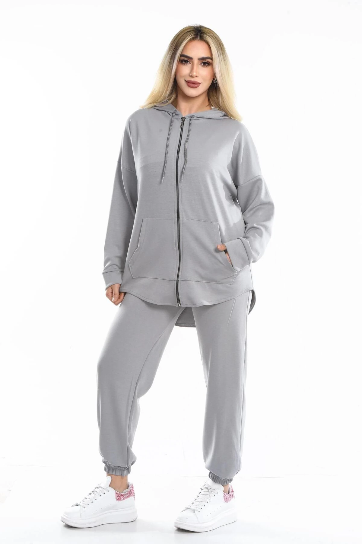 Kadın Oys Fermuarlı Kanguru Cep Modal Takım - Gri