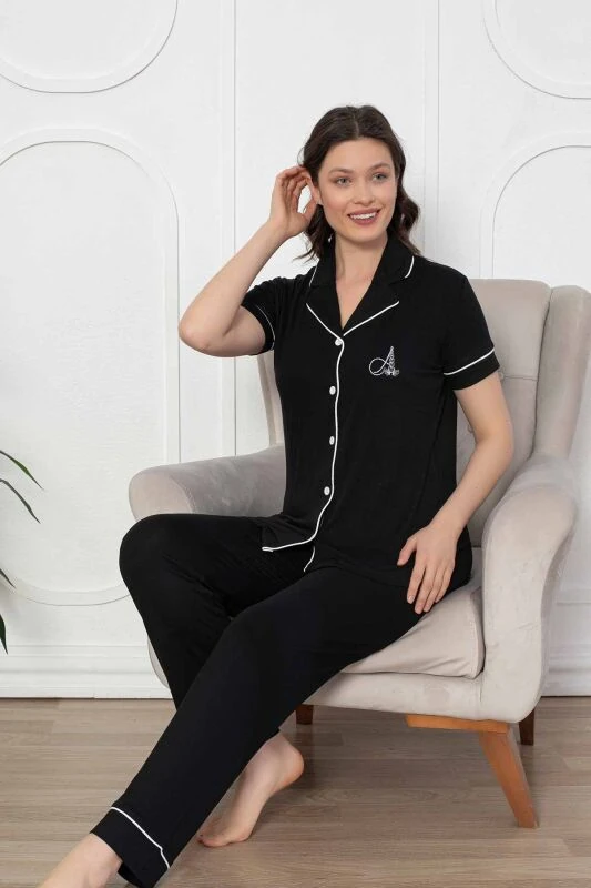 Monox Kadın Önden Düğmeli Kısa Kol Likralı Gömlek Pijama Takımı