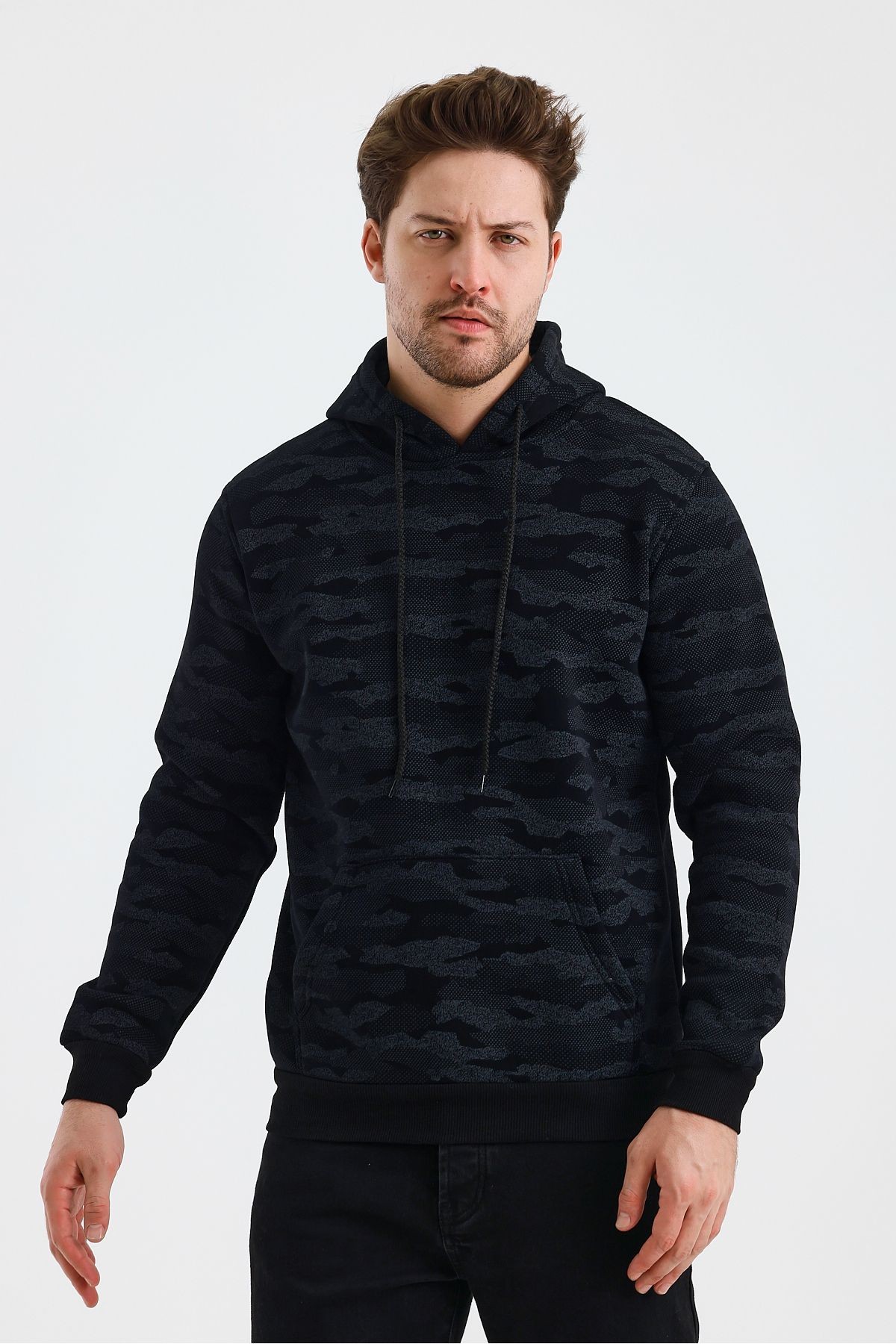 Erkek Kapşonlu Kamuflaj Baskılı 3 İplik Sweatshirt