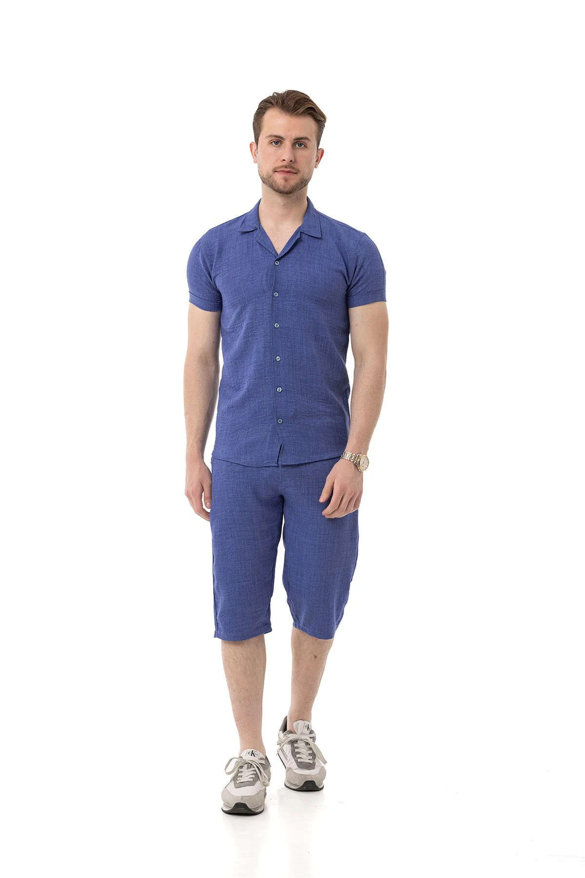 Erkek Mekanik Keten Gömlekli Diz Altı Kapri Takım - Saks