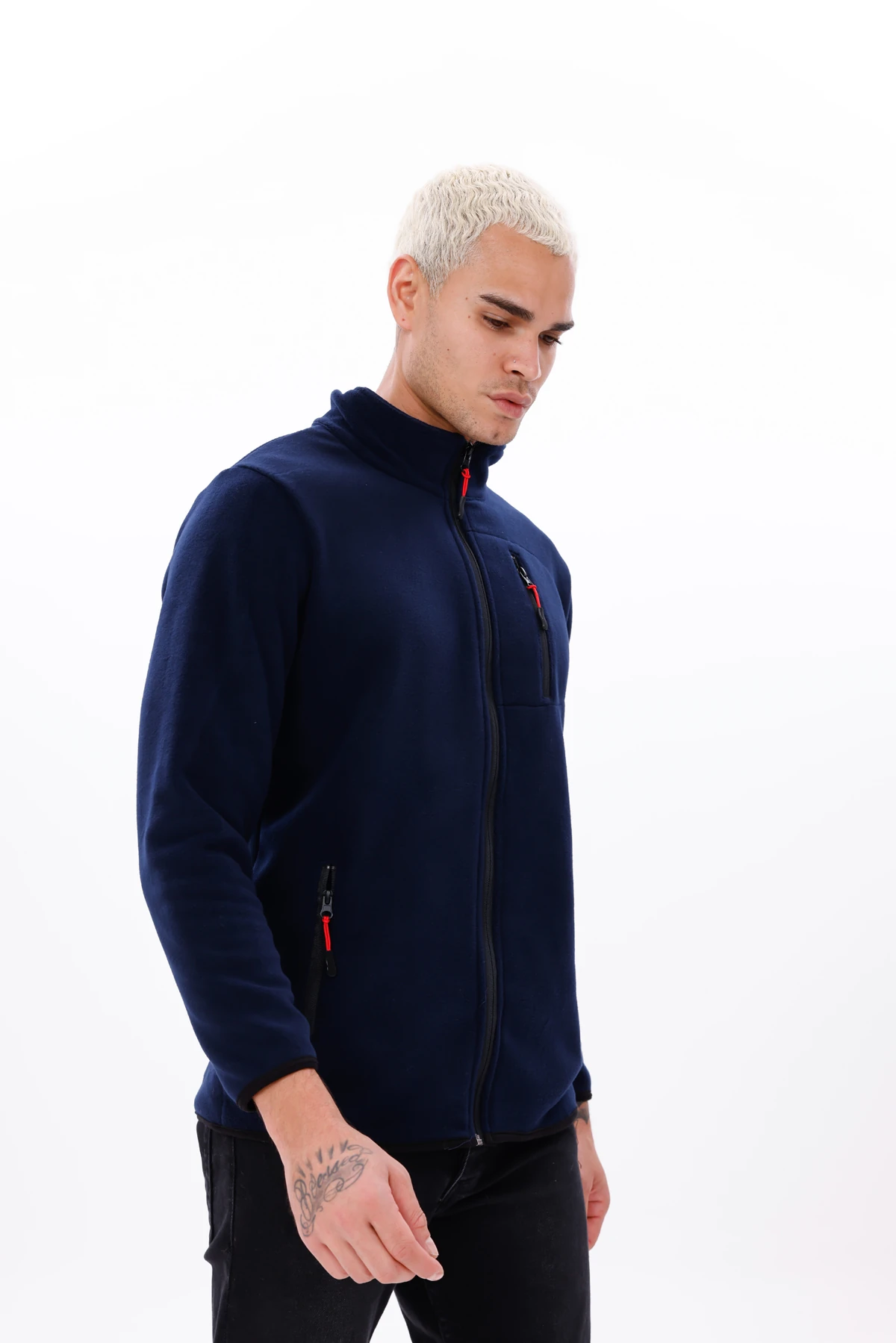 Monox Erkek Biyeli Fermuarlı Spor Polar Ceket - Lacivert