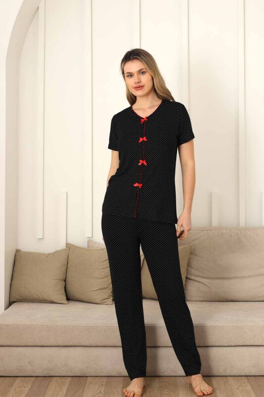 Monox Kadın Kırmızı Fiyonklu Beyaz Puantiyeli Kısa Kol Pijama Takımı