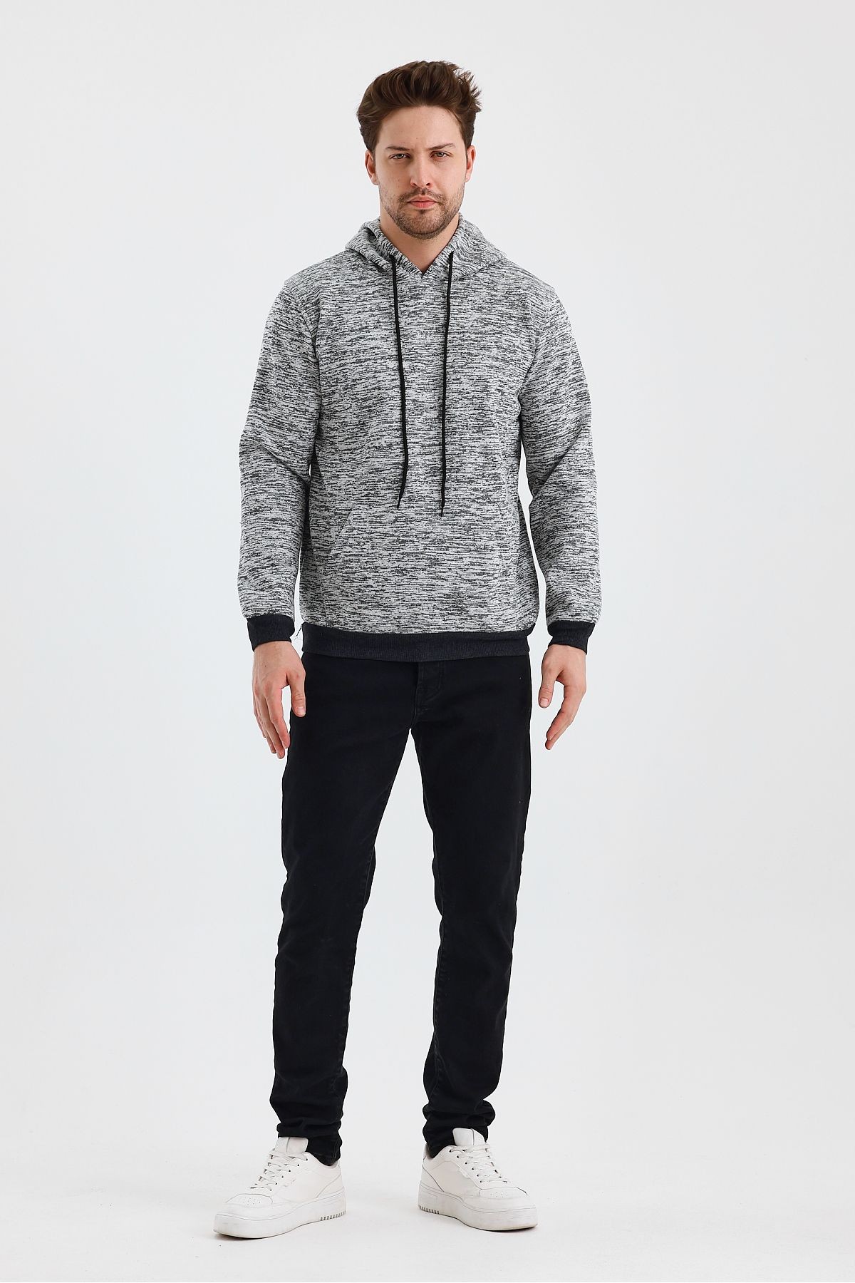 Erkek Kapşonlu Kırçıllı 3 İplik Sweatshirt