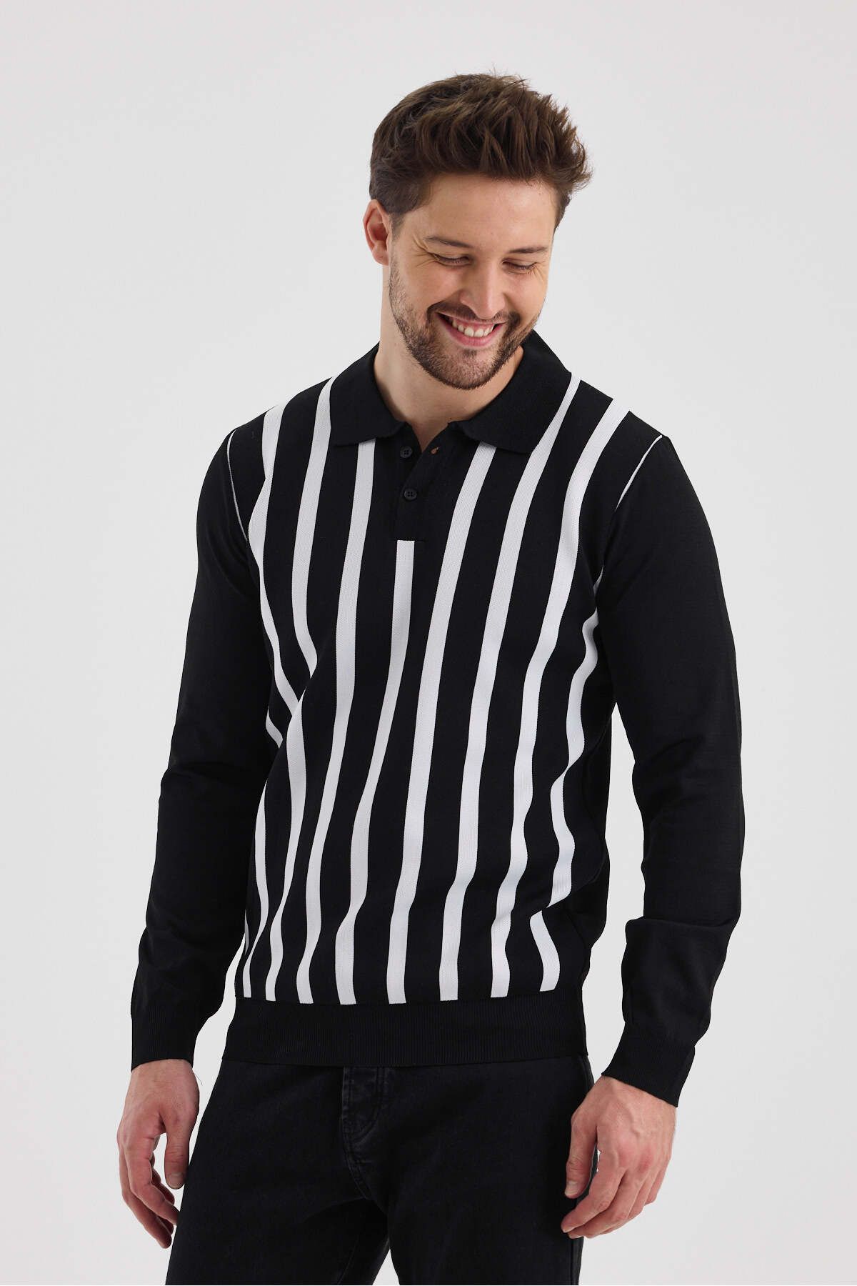 Erkek Polo Yaka Çizgili Triko Kazak
